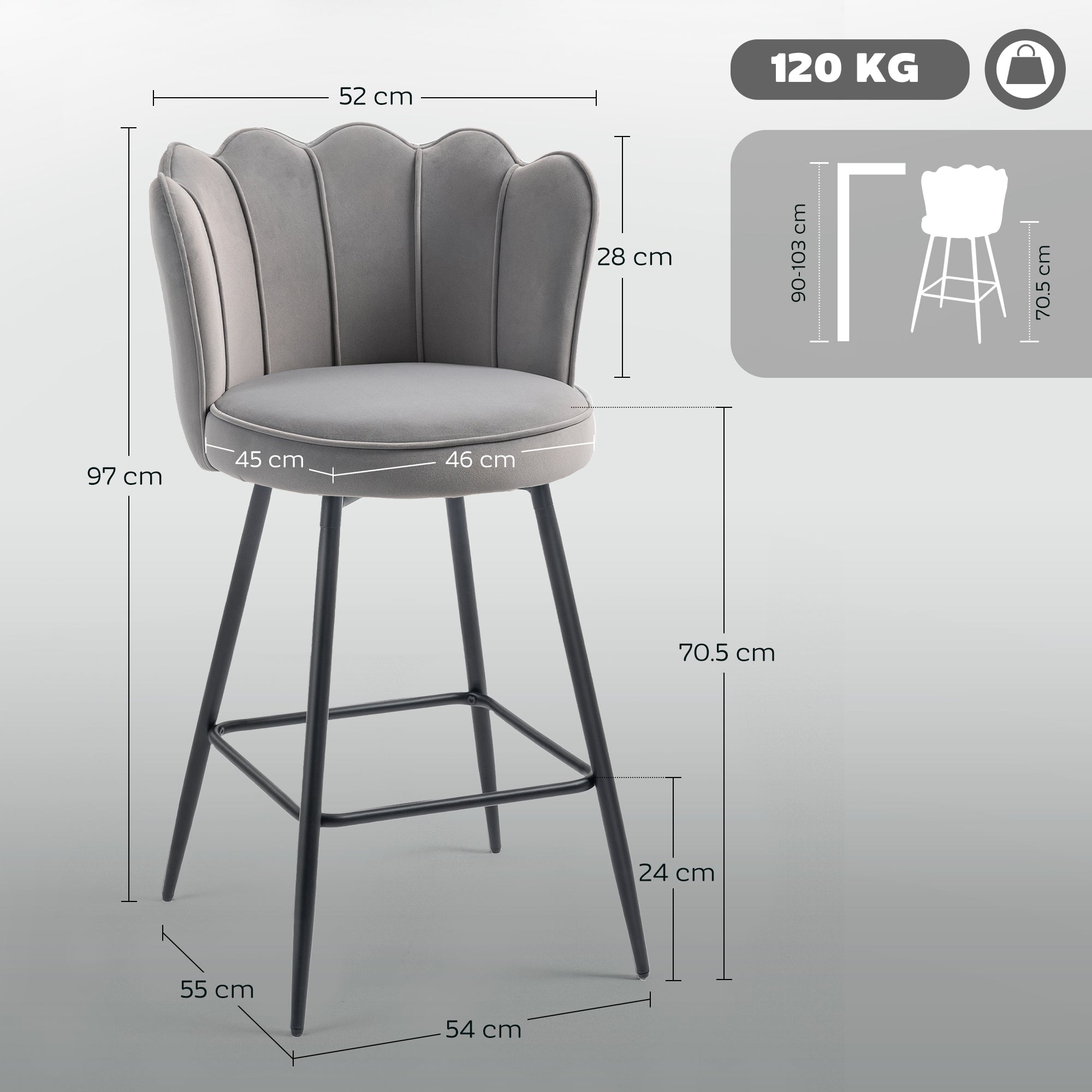 Kozy - Set of Two Velvet-Feel Lotus Bar Stools - Grey