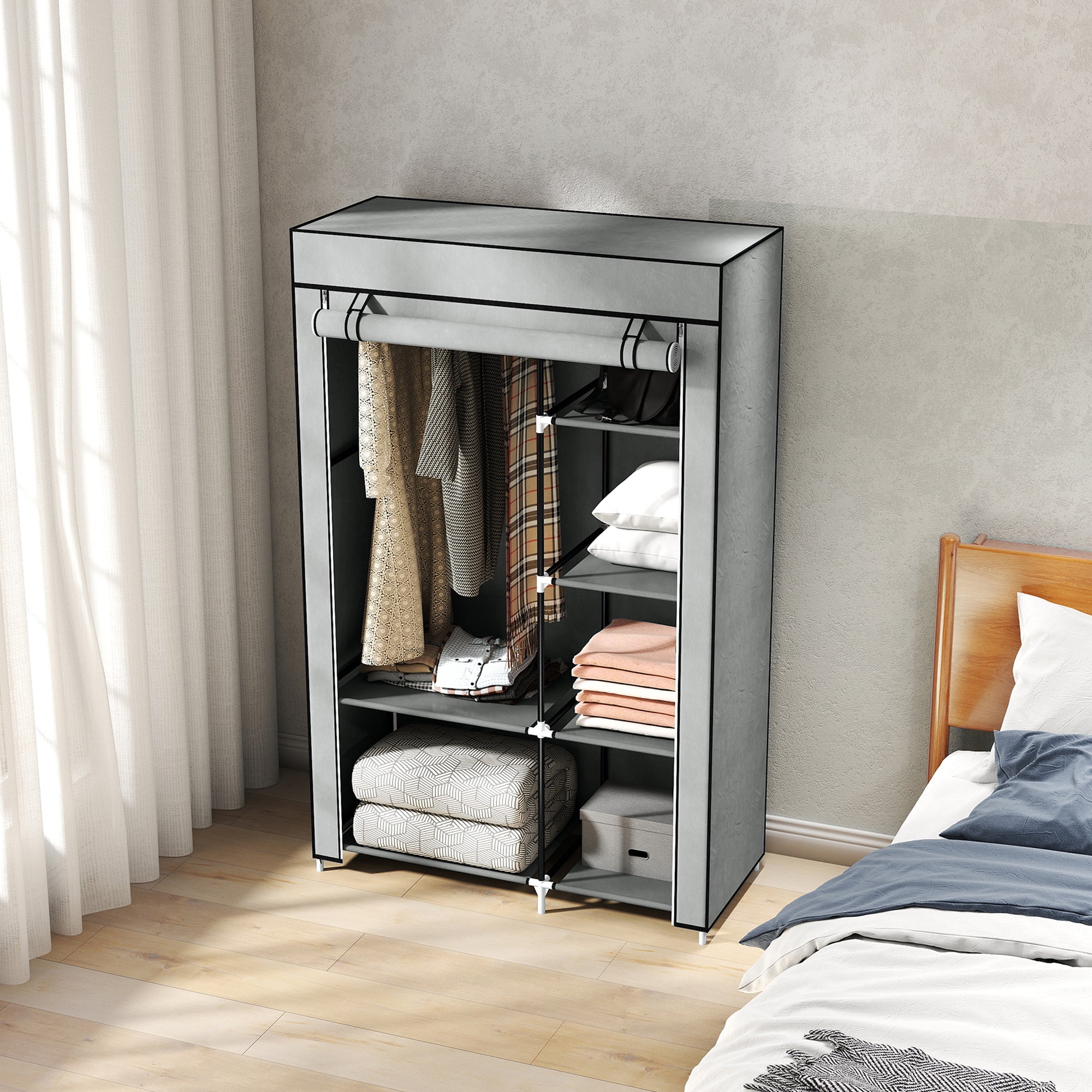 Kozy Fabric Wardrobe, Portable Wardrobe with 6 Shelves, 1 Hanging Rail, Foldable Closets, 103 x 43 x 162.5 cm, Light Grey