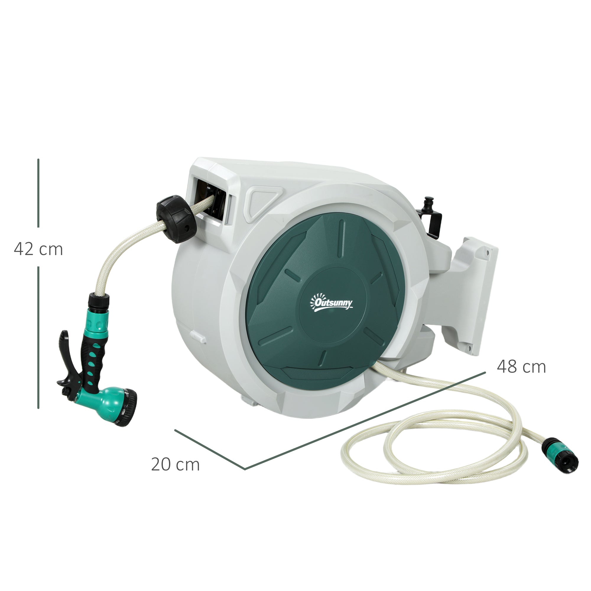 Kozy - Retractable Hose Reel Wall Mounted, 20+2m Garden Hose Pipe Reel with Lock, Auto Rewind, 7 in 1 Spray Nozzle, Includes Wall Fixings, 180° Swivel, Outdoor Watering, Light Grey