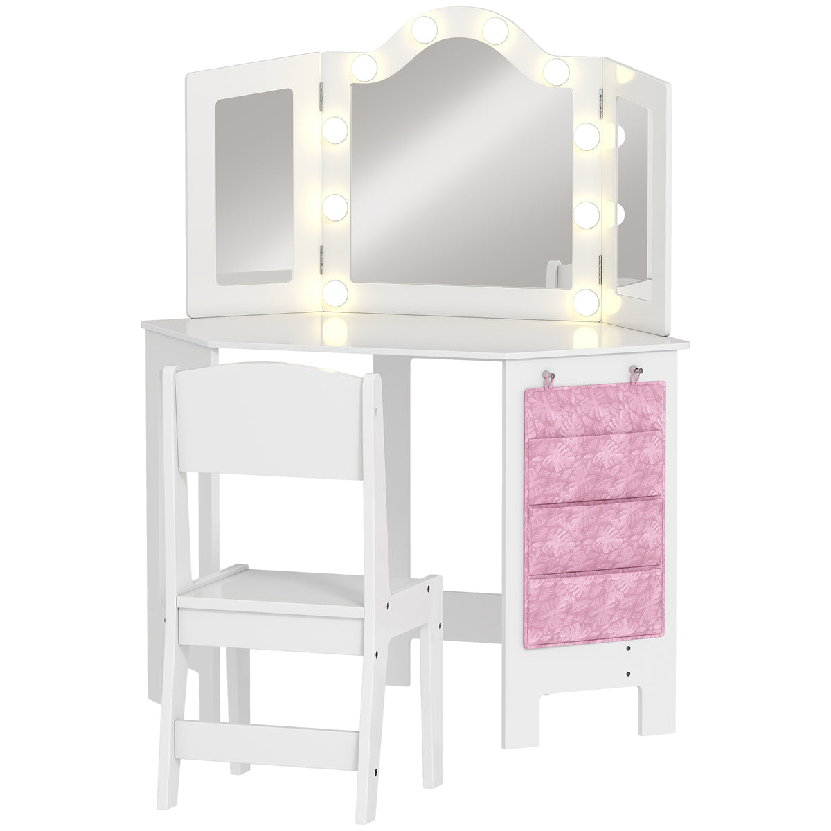 Kozy Kids Dressing Table and Stool Set, Girls Vanity Table with 2-Colour LED Lights, Tri-Folding Mirror, White