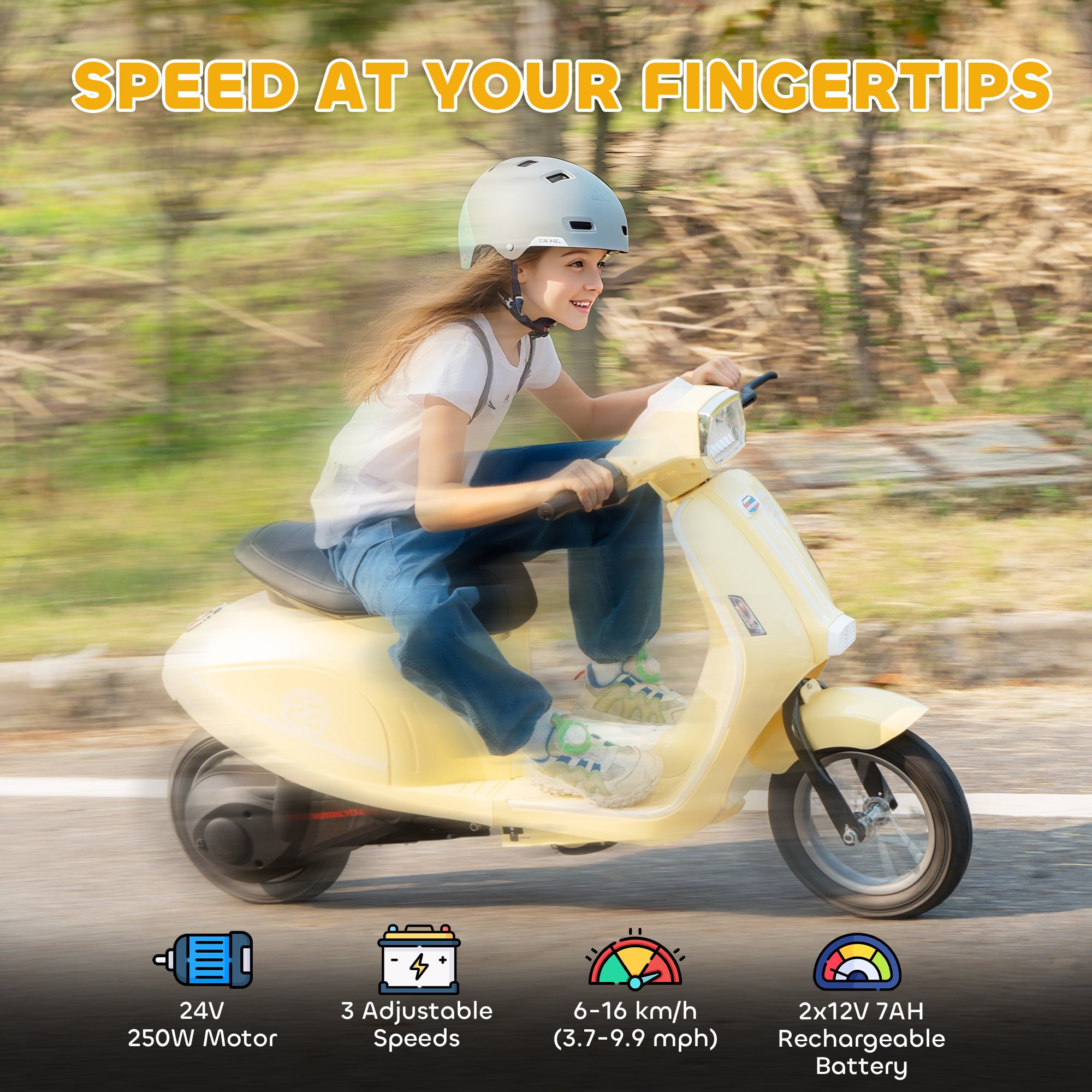 Kozy 24V Kids Electric Motorbike, Ride on Motorcycle with Manual Throttle, Brakes and LED Lights for Ages 8-12 Years, Beige