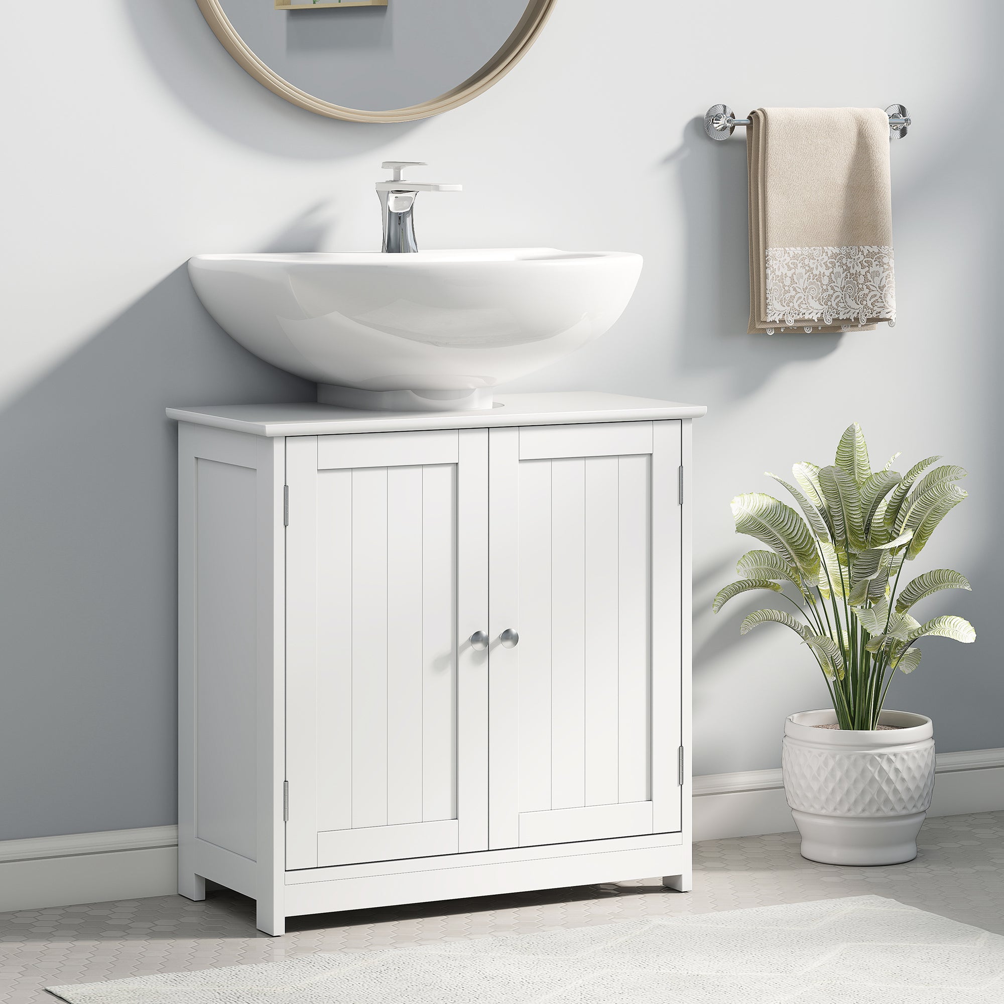 Kozy Under Sink Bathroom Cabinet, Freestanding Under Sink Cabinet with 2 Doors and Adjustable Shelf for Basin without or with Pedestal, White