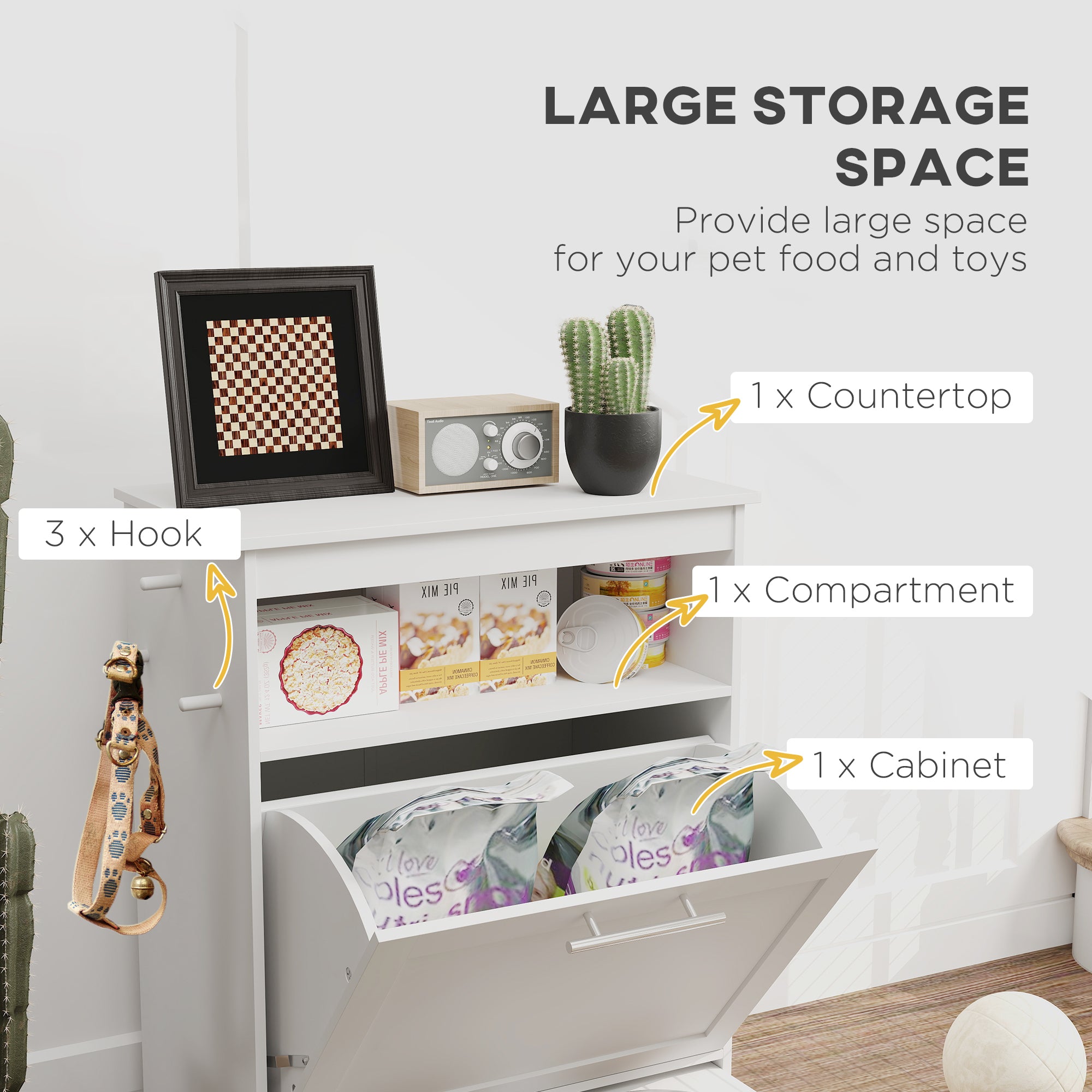 Kozy Pet Feeder Station, Dog, Cat Storage Container, with Raised Bowls, Hanger, Cabinet - White