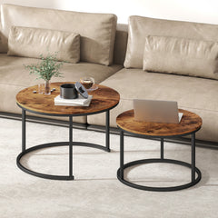 Kozy Coffee Table Set of 2, Round Nest of Tables with Metal Frame, Modern Side Tables for Living Room, Rustic Brown