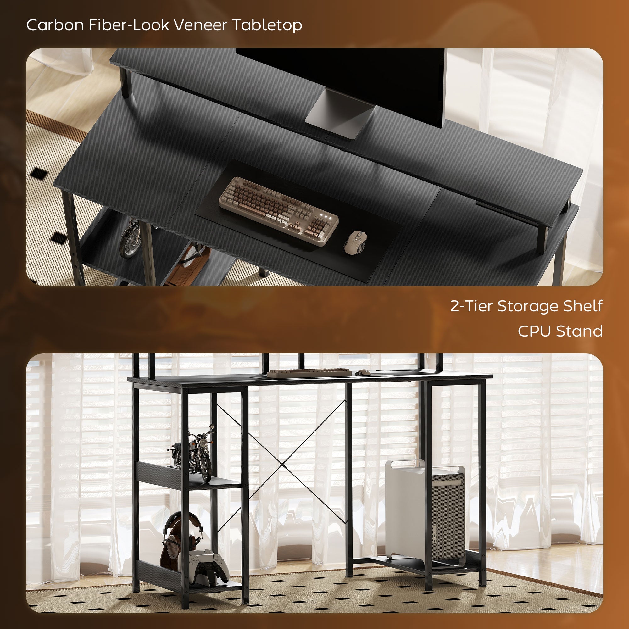 Kozy - LED Computer Desk, with Power Outlets and Shelves - Carbon Fibre Grey