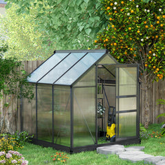 Kozy 6 x 6ft Polycarbonate Greenhouse, Large Walk-In Green House with Slide Door and Window, Garden Plants Grow House with Aluminium Frame and Foundation, Grey