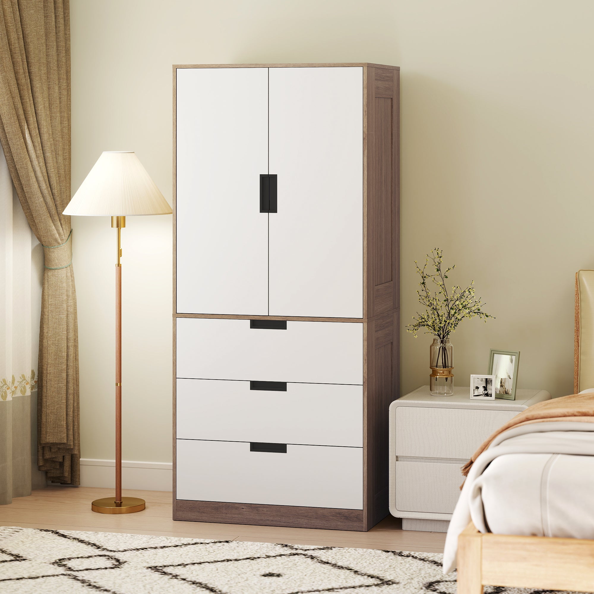 Two Door, Two Drawer Wardrobe - White/Brown