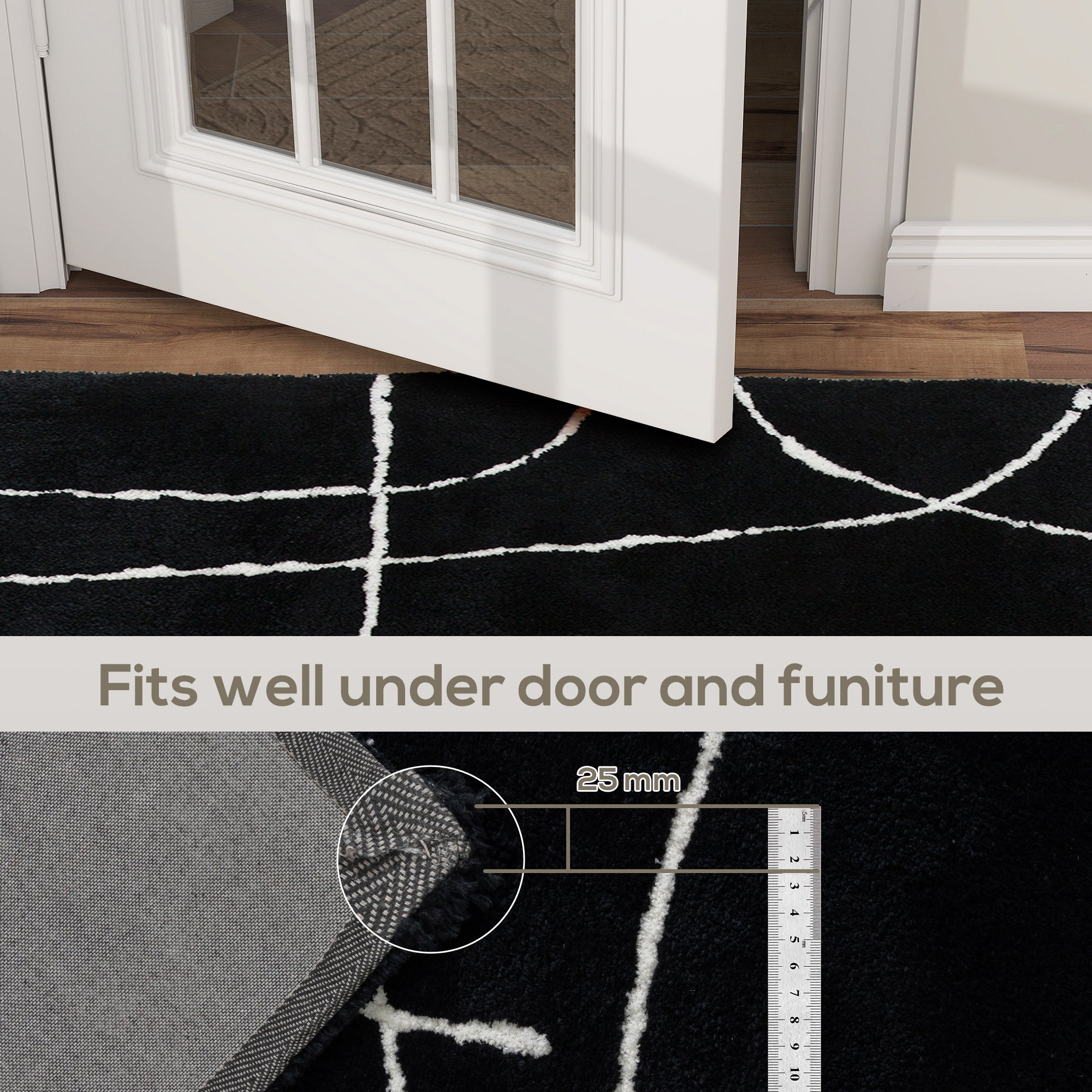 Kozy - Modern Fluffy Area Rug, Geometric Pattern Washable Rug, Soft High Pile Floor Carpet for Living Room, Bedroom, Dining Room, Home Office, 170 x 120 cm, Black