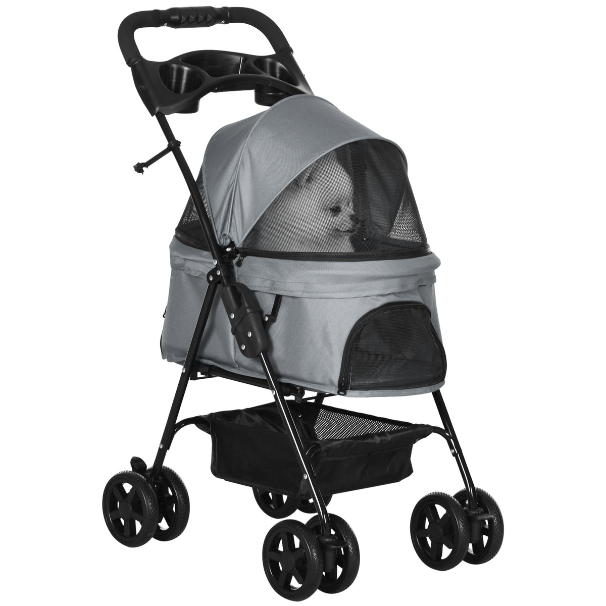 Kozy Dog Pram Dog Stroller Foldable Pet Pushchair with 4 Wheels, Safety Leashes, Cup Holder for Small Dogs, Grey