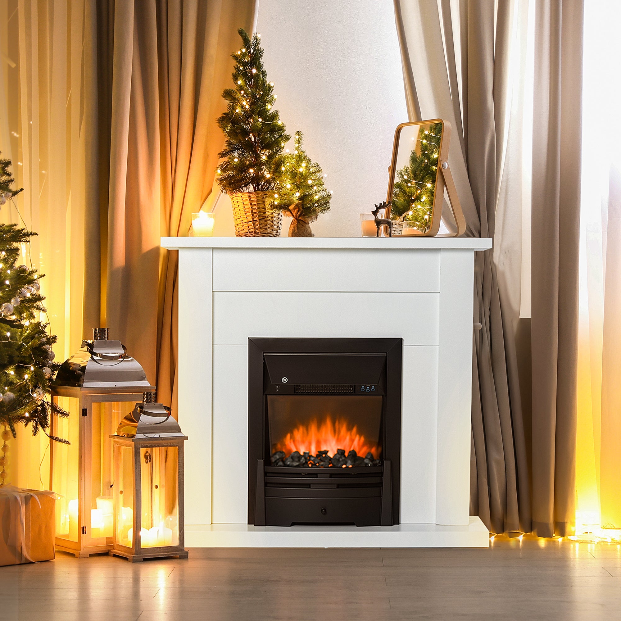 Kozy - Electric Firplace Suites & Mantelpiece w/LED Flames Remote Marble Stone Modern Curved Surround Intelligent Safe Tempered Glass Adjustable Thermal 1000W/2000W