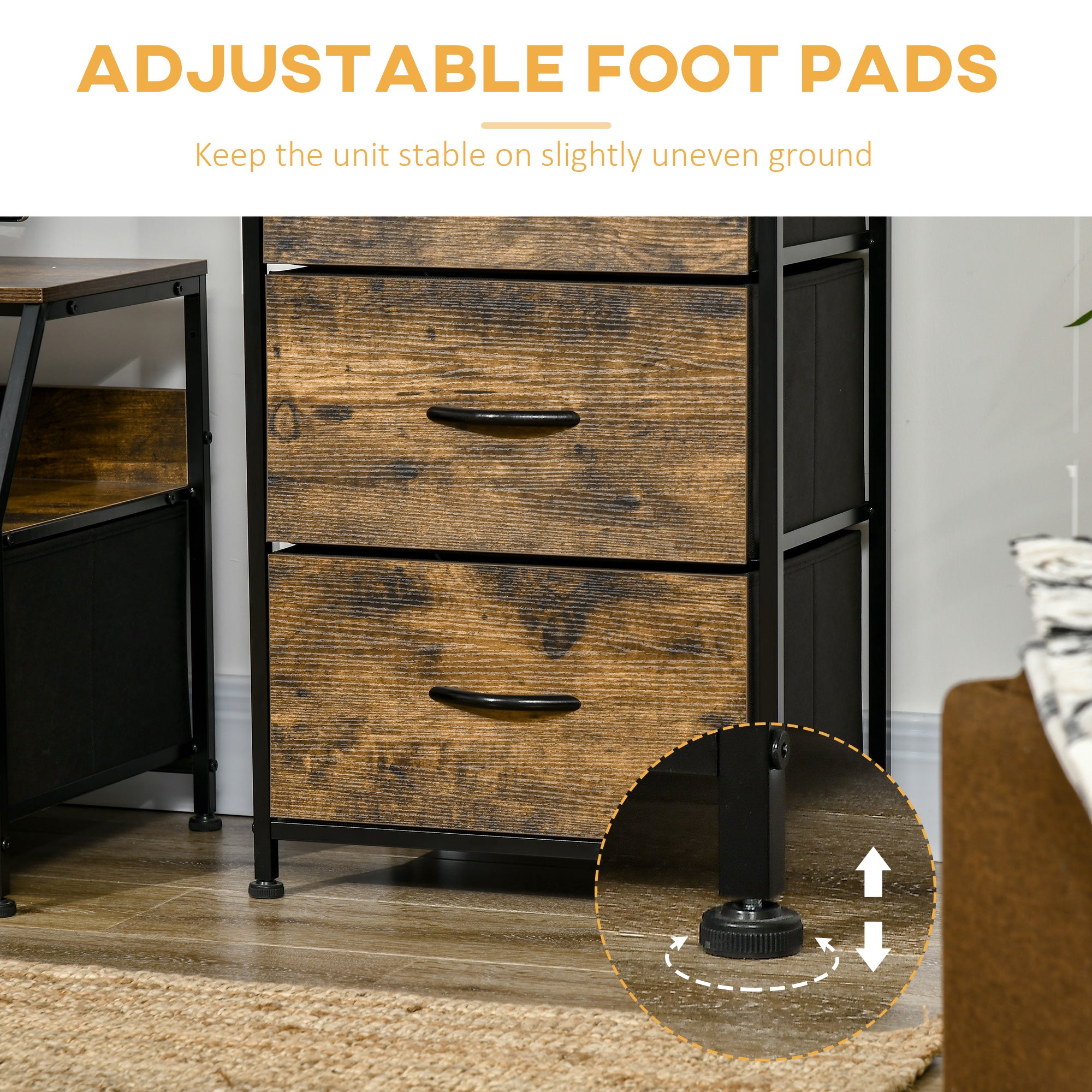 Kozy Industrial Storage Cabinet, Fabric Chest of Drawers with Display Shelves, 3 Drawers Storage Unit for Living Room, Rustic Brown