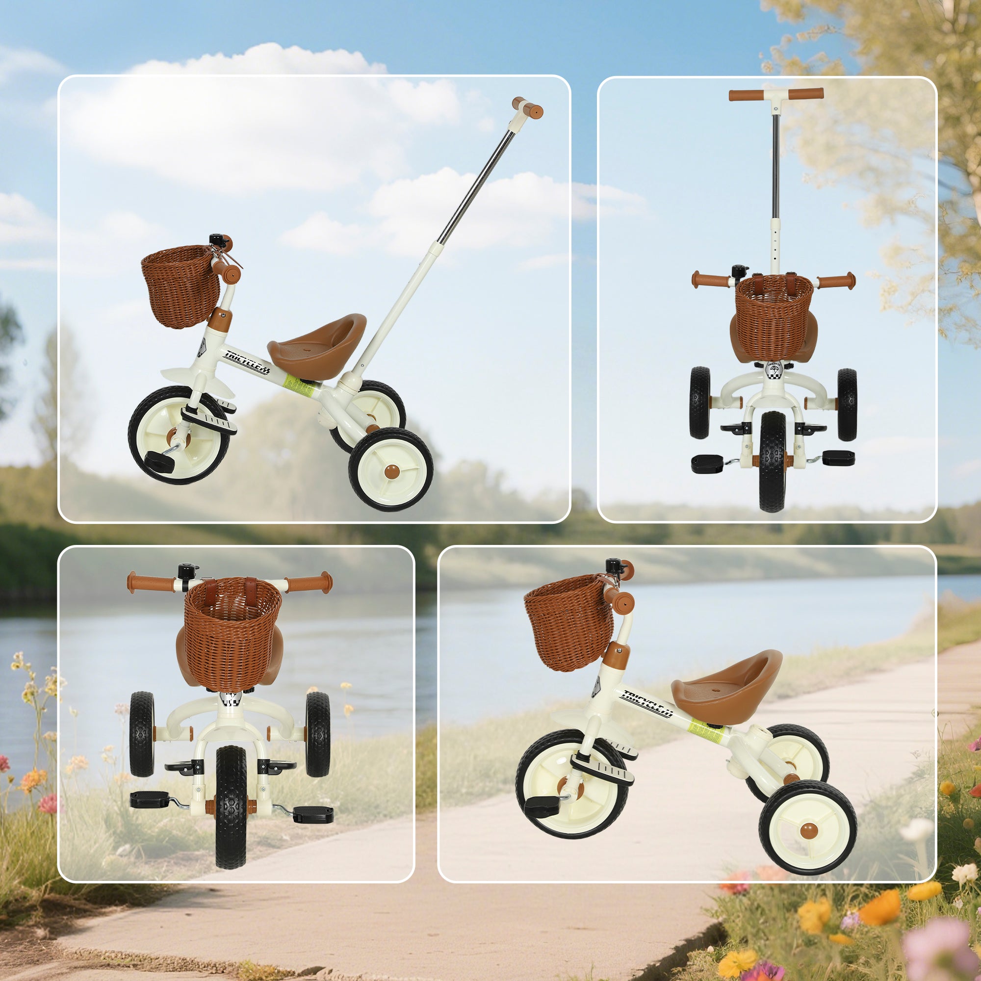 AIYAPLAY 2-In-1 Toddler Trike for 2-5 Years Old, 3 Wheel Bike with Adjustable Parent Handle, Basket for Boys and Girls, White