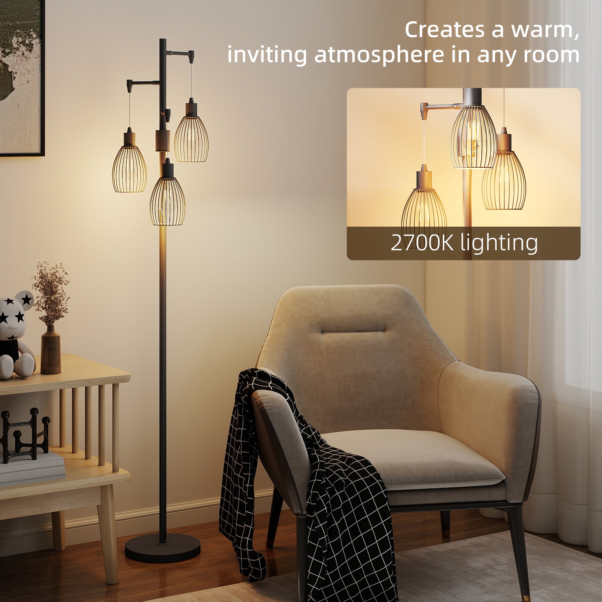 Kozy - 3-Light LED Floor Lamp, 170cm Industrial Dimmable Standing Lamp with Steel Wire Cage Lampshades, 2700K for Living Room, Bedroom, Dining Room, Study, Black