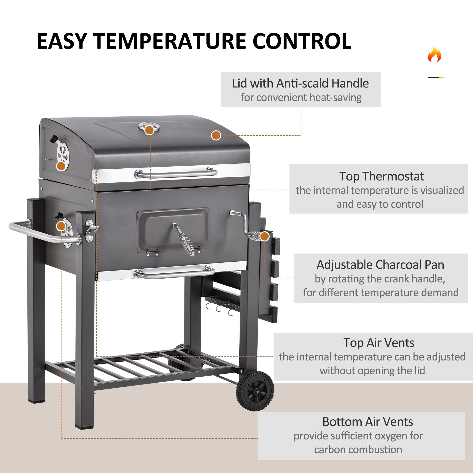 Kozy Charcoal Grill BBQ Trolley with Adjustable Charcoal Grate, Garden Metal Smoker Barbecue with Shelf, Side Table, Wheels, Built-in Thermometer, Bottle Opener