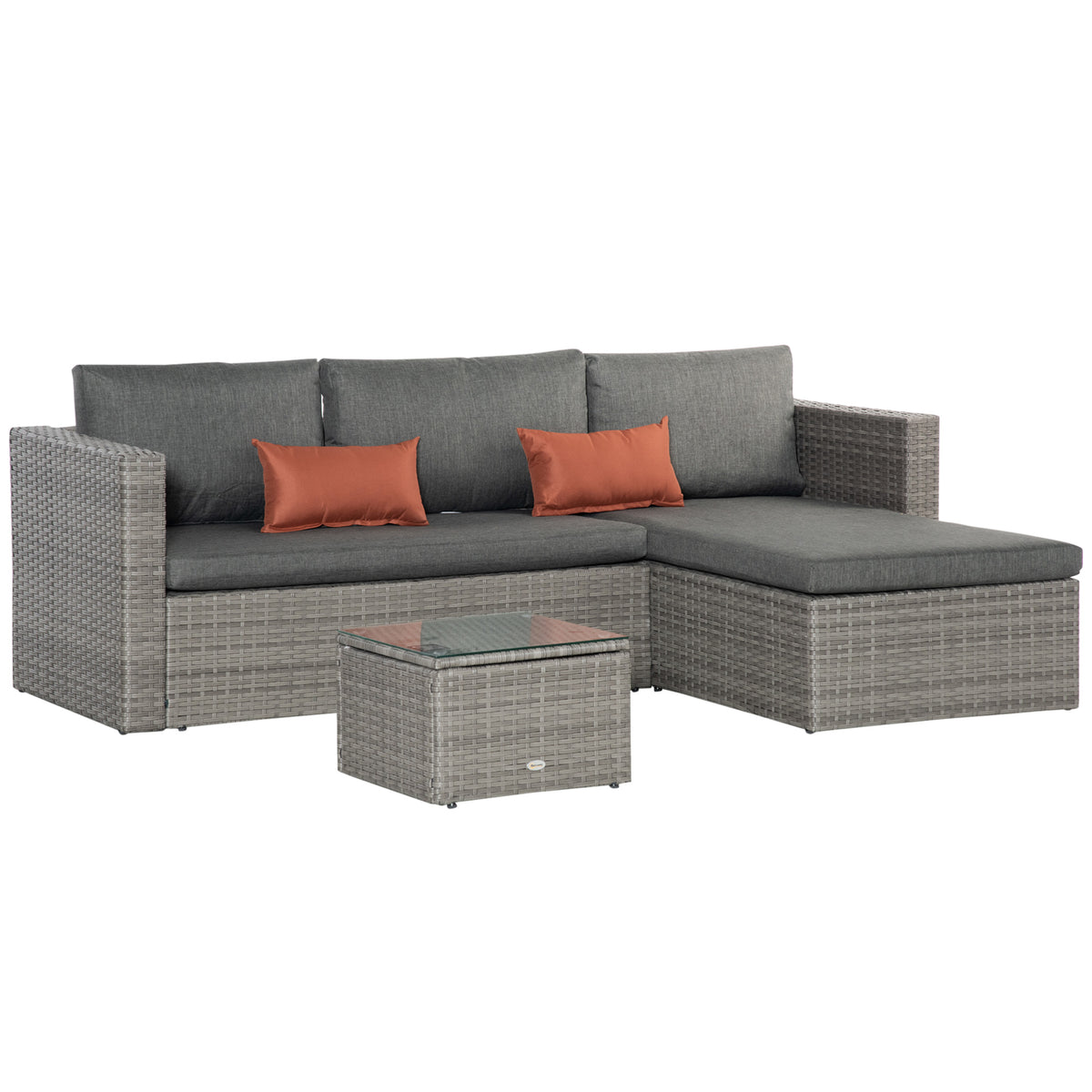 Kozy 3 Pieces Outdoor PE Rattan Sofa Set, Patio Wicker Conversation Chaise Lounge Furniture w/ Tempered Glass Table-top & Soft Padded Cushion for Garden, Backyard, Lawn, Grey