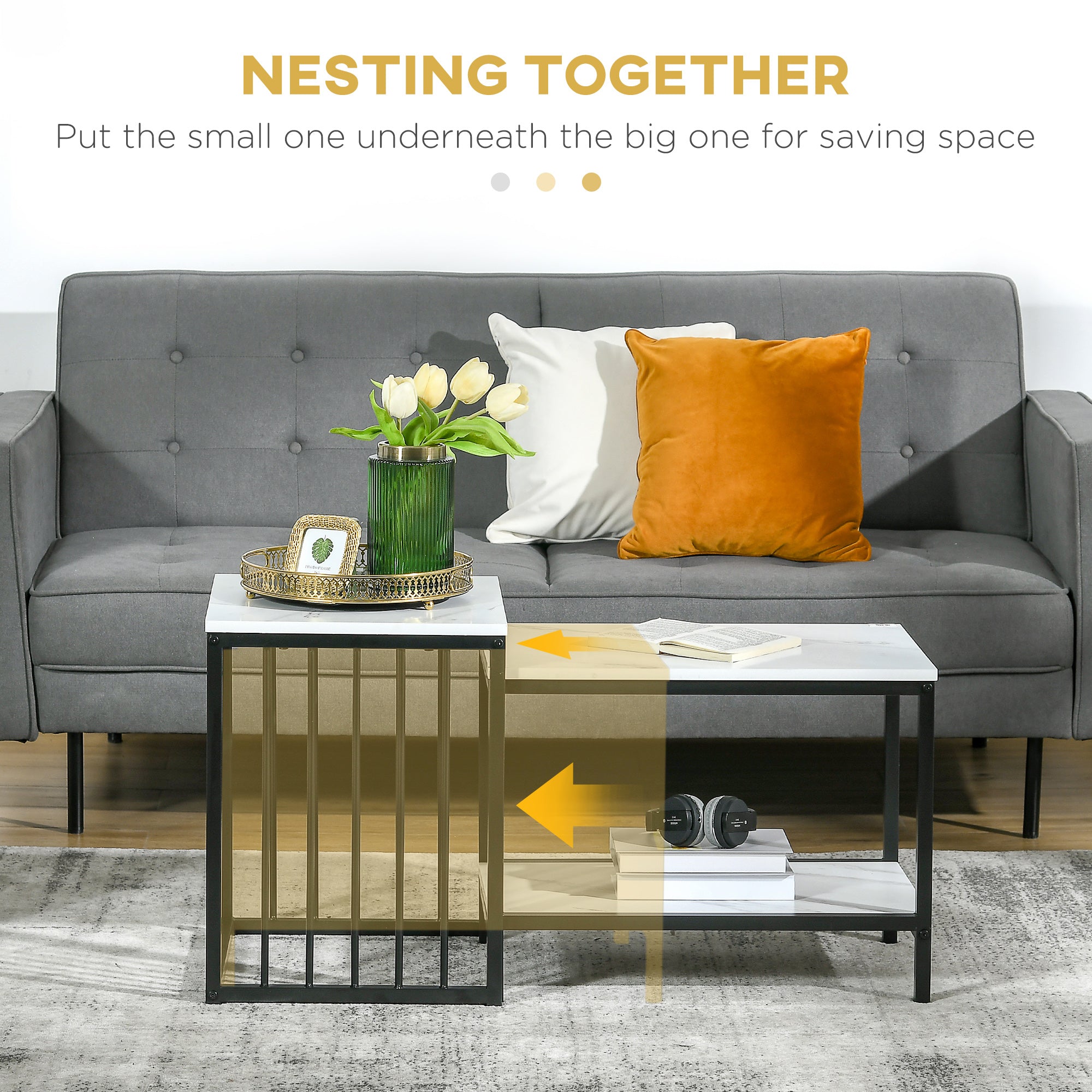 Kozy Modern Coffee Table Set of Two, Marble-Effect Nesting Side Tables with Steel Frame for Living Room, White, Black