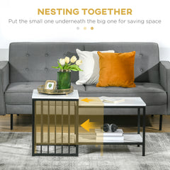 Kozy Modern Coffee Table Set of Two, Marble-Effect Nesting Side Tables with Steel Frame for Living Room, White, Black
