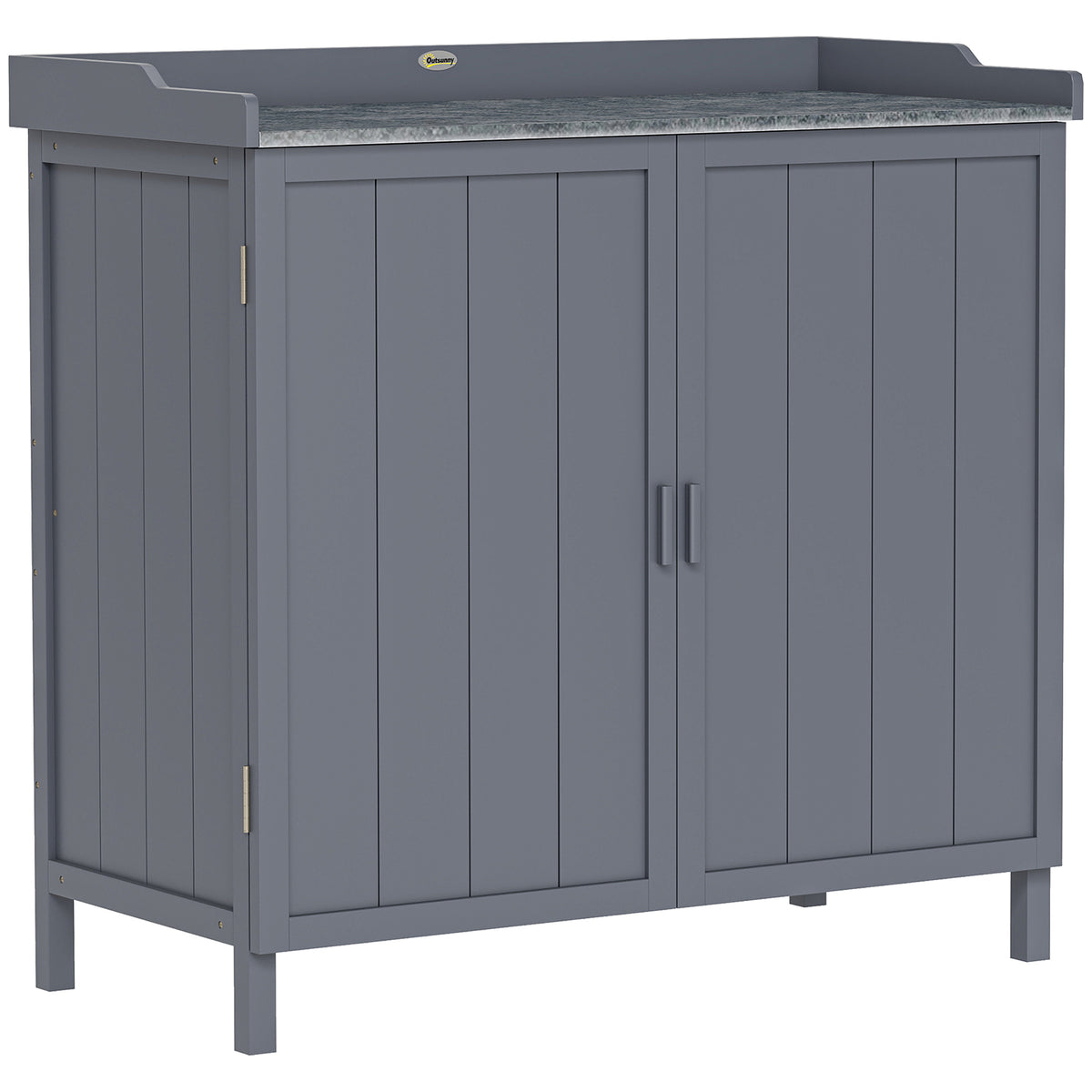 Kozy Wood Garden Storage Cabinet, Outdoor Tool Shed, Potting Bench Table with Galvanized Top and Two Shelves for Yard Tools or Pool Accessories, Grey