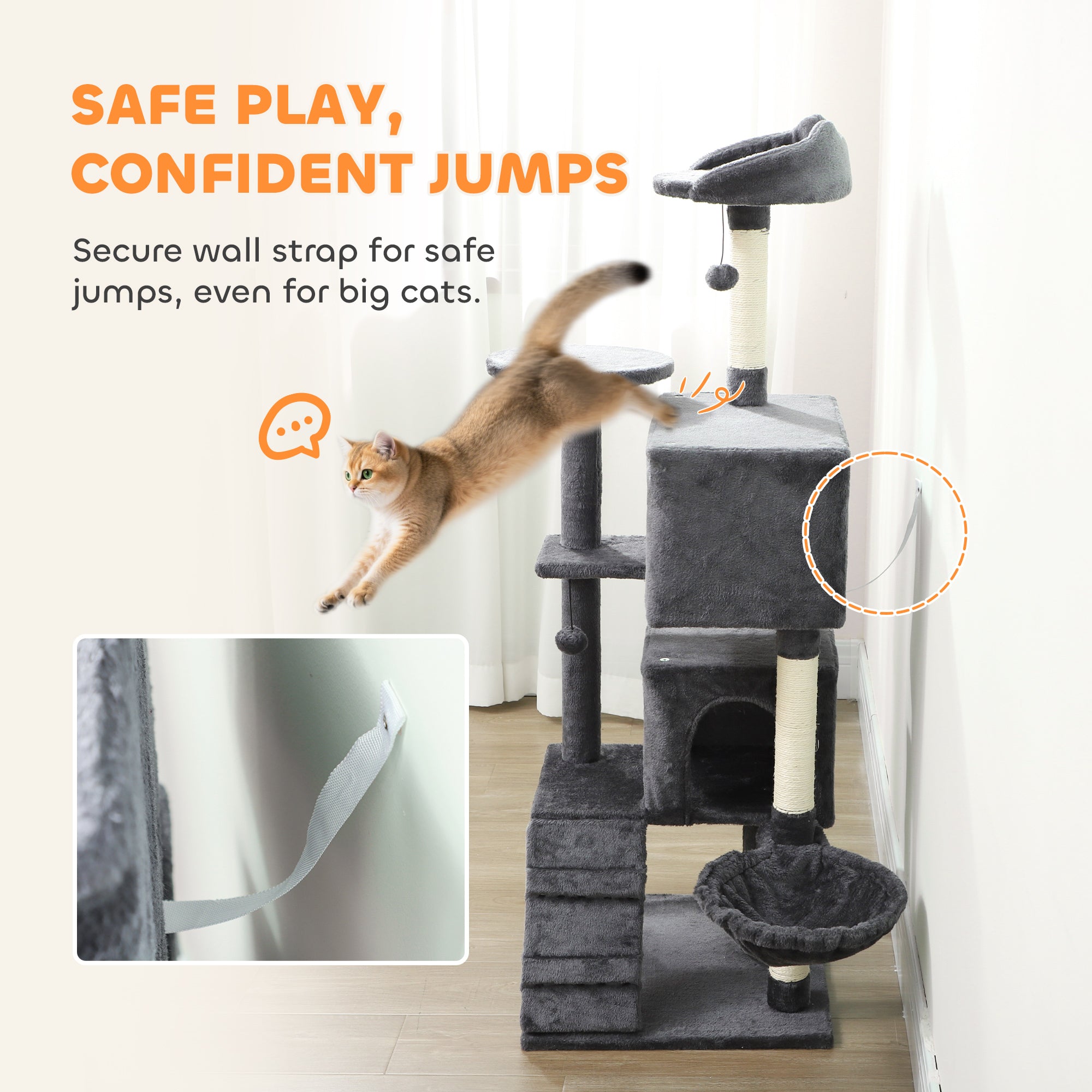 Kozy 160cm Large Cat Tree Tower with Sisal Scratching Posts, Condos, Plush Perches, Hammock, Ladder, Dark Grey