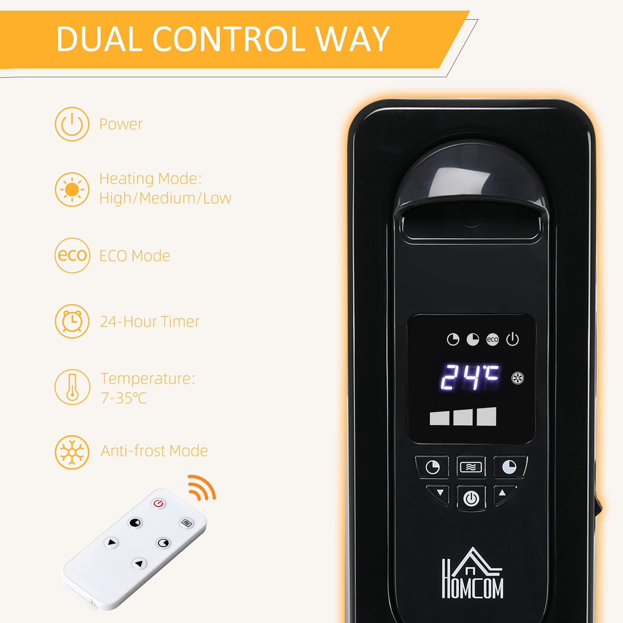 Kozy 1500W Digital Oil Filled Radiator, 7 Fin, Portable Electric Heater with LED Display, Built-in Timer, 3 Heat Settings, Safety Cut-Off and Remote Control, White