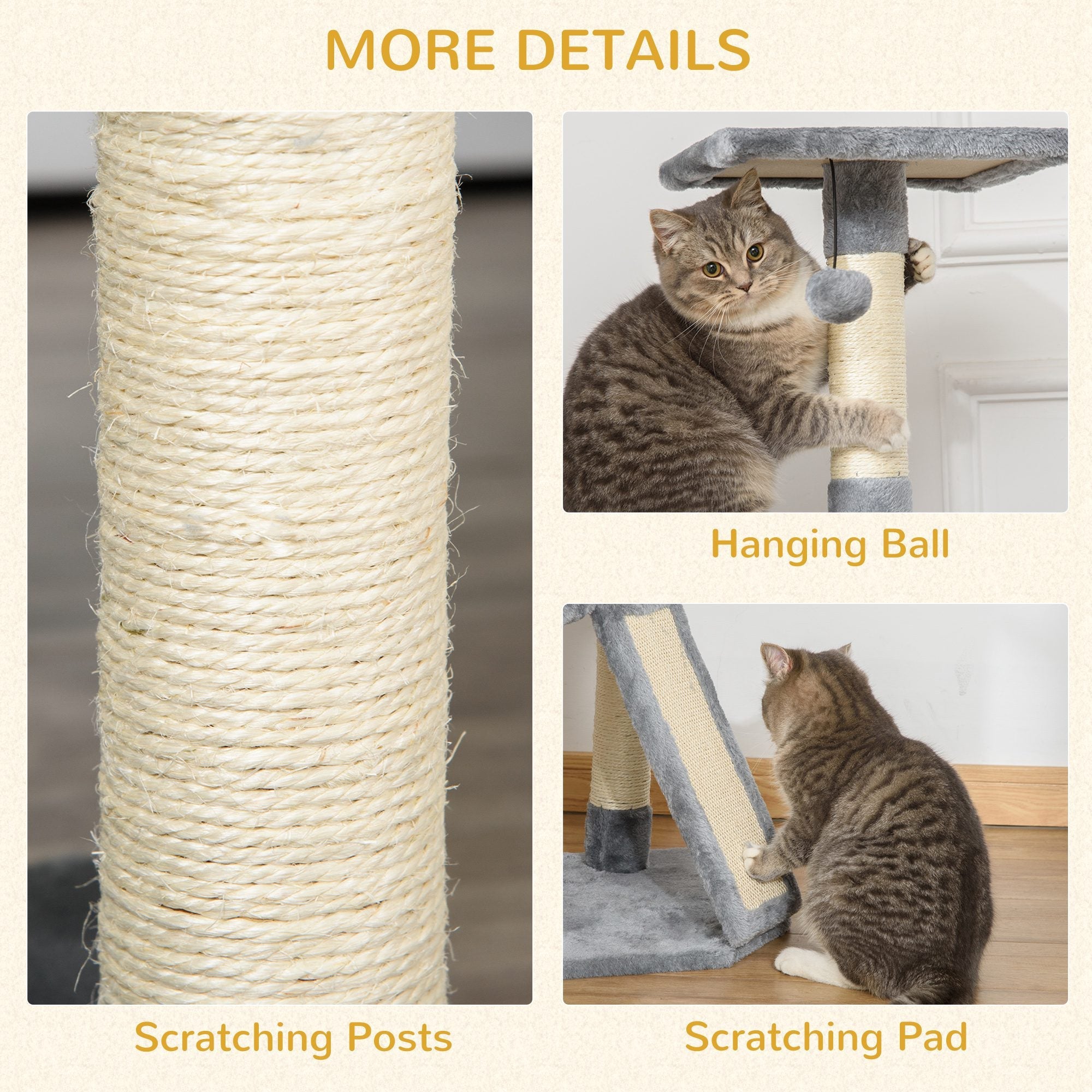 PawHut Cats 3-Tier Sisal Rope Scratching Post w/ Dangle Toy Grey | Aosom UK