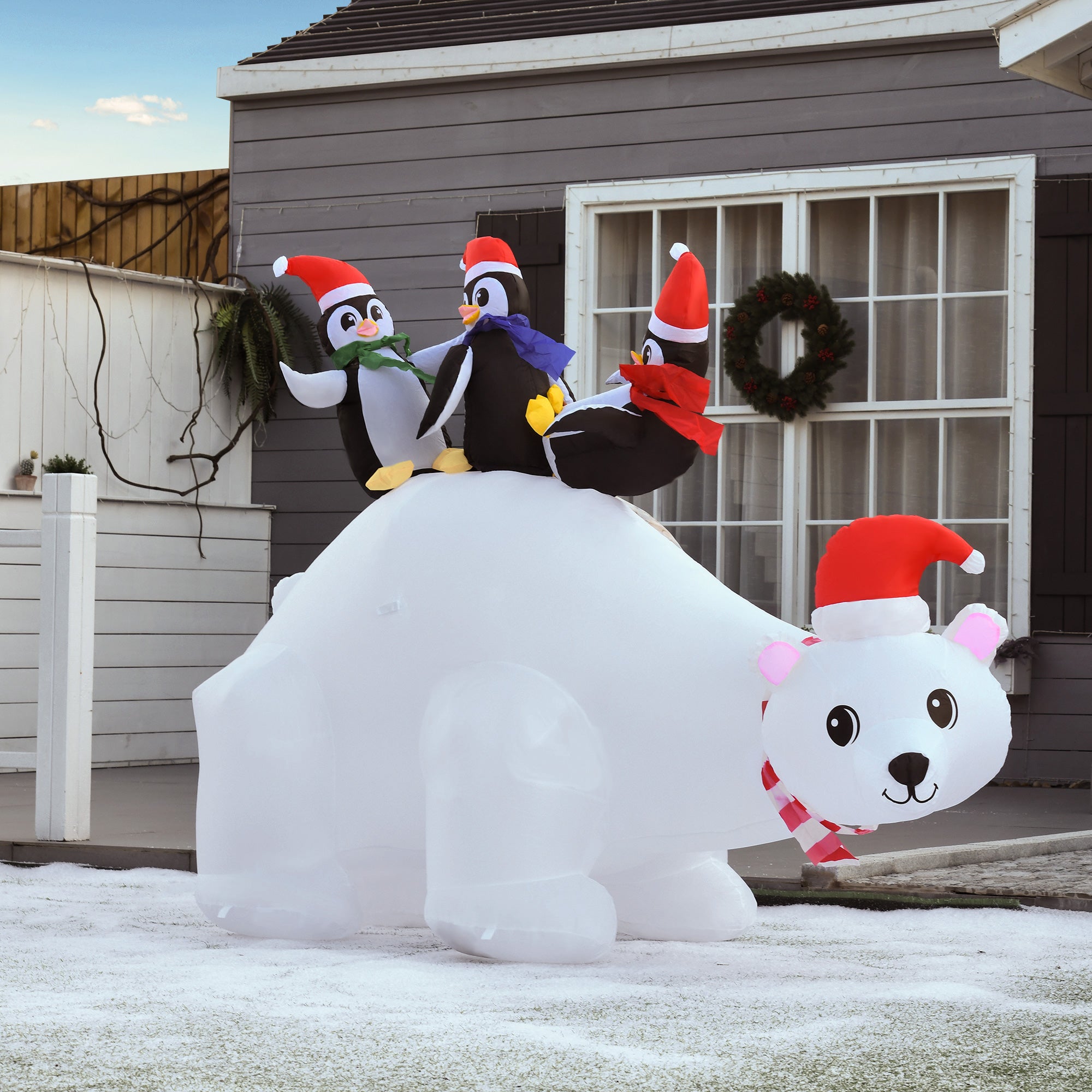Kozy 5ft Outdoor Christmas Inflatable with LED Light, Lighted Blow up Polar Bear with Three Penguins, Giant Yard Party Decoration for Home Garden Lawn Party Prop