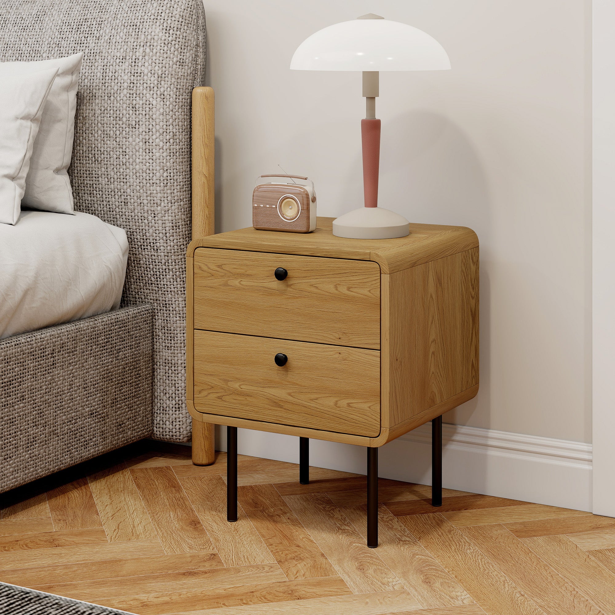 Kozy Bedside Table with 2 Drawers and Steel Legs - Oak