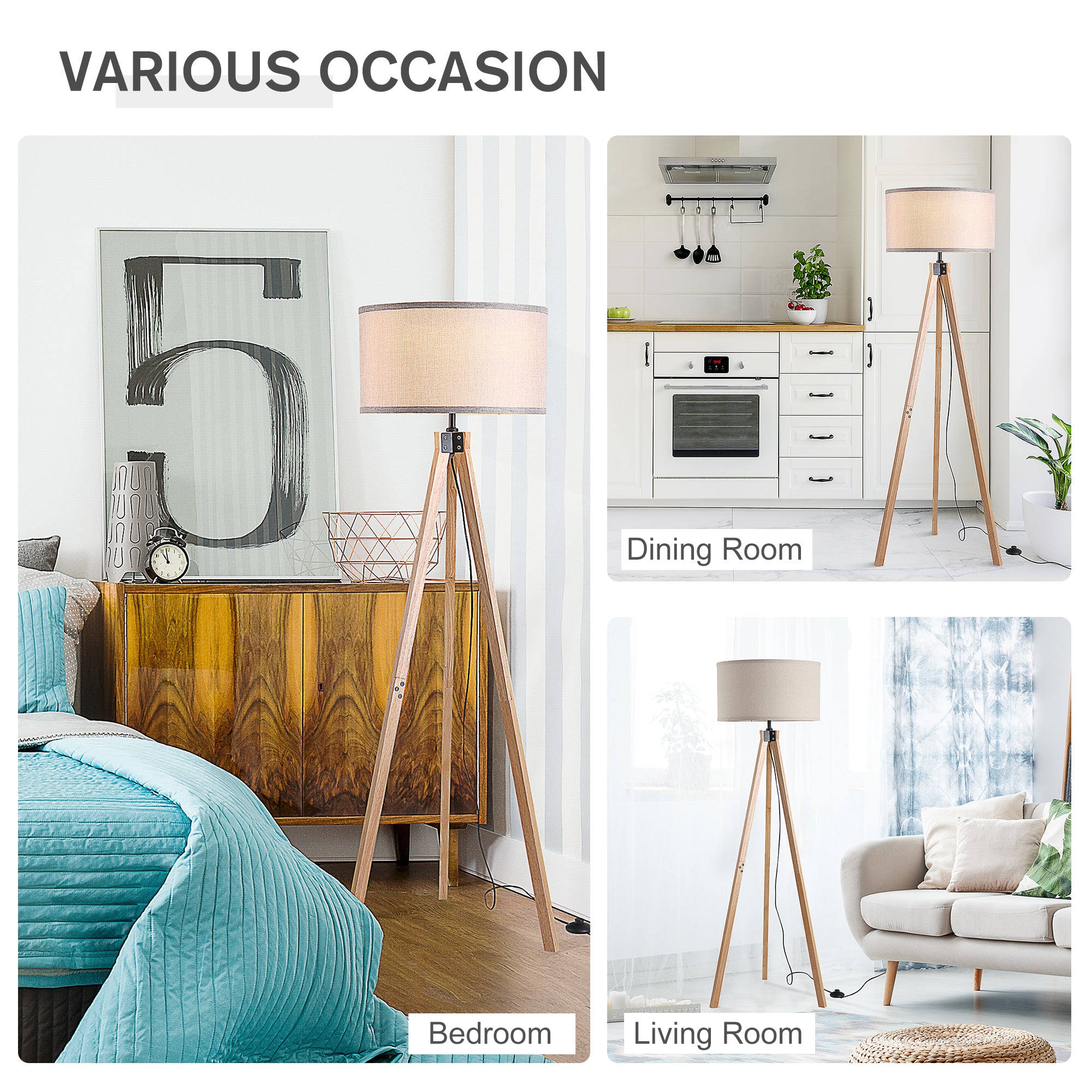 Kozy Floor Lamp with Elegant Wood Tripod, Free Standing E27 Bulb Lamp Versatile Use For Home Office - Beige