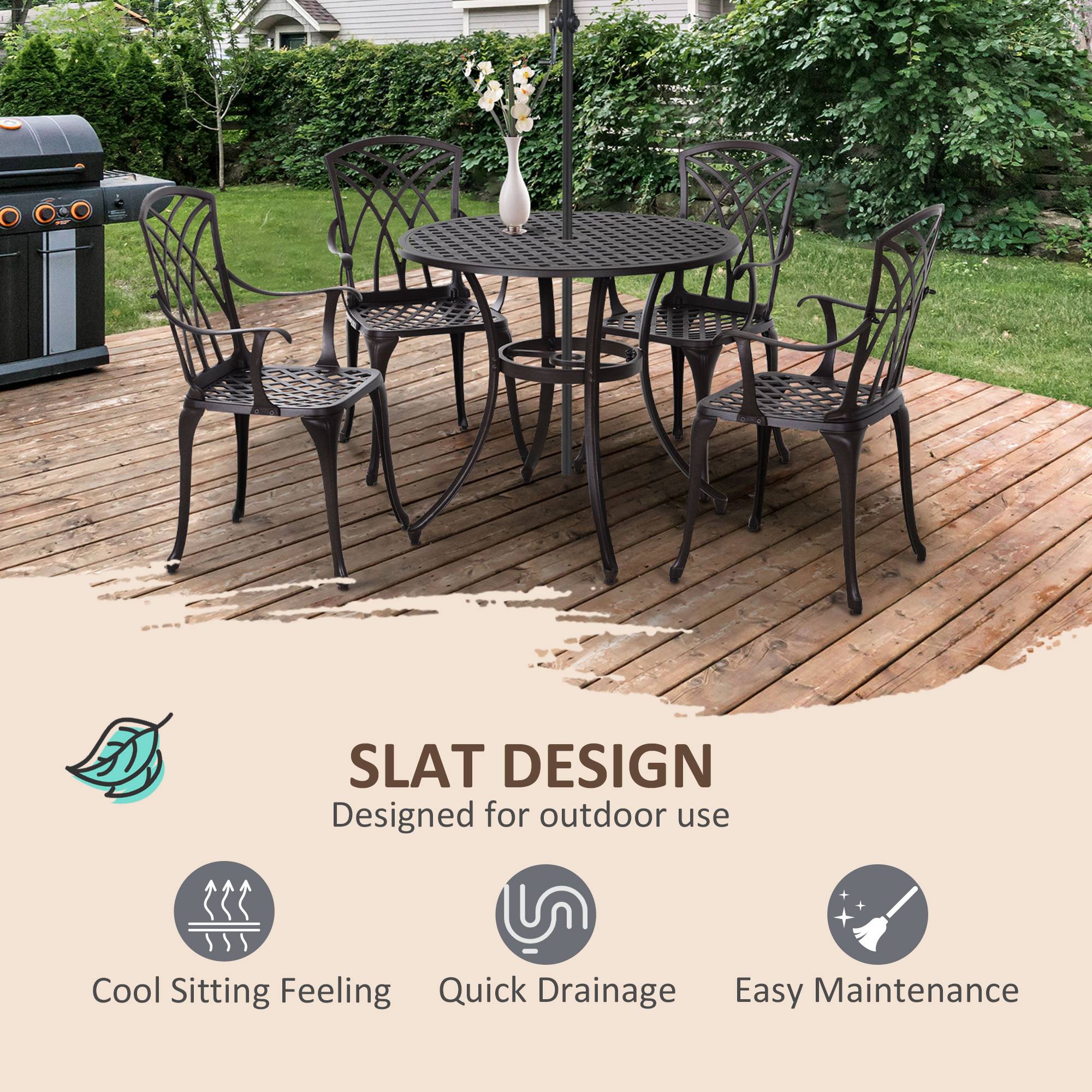 Kozy 5 Pieces Garden Dining Set for 4, Cast Aluminium Outdoor Dining Set with 4 Armchairs and Round Dining Table with Parasol Hole, Garden Furniture Set, Brown