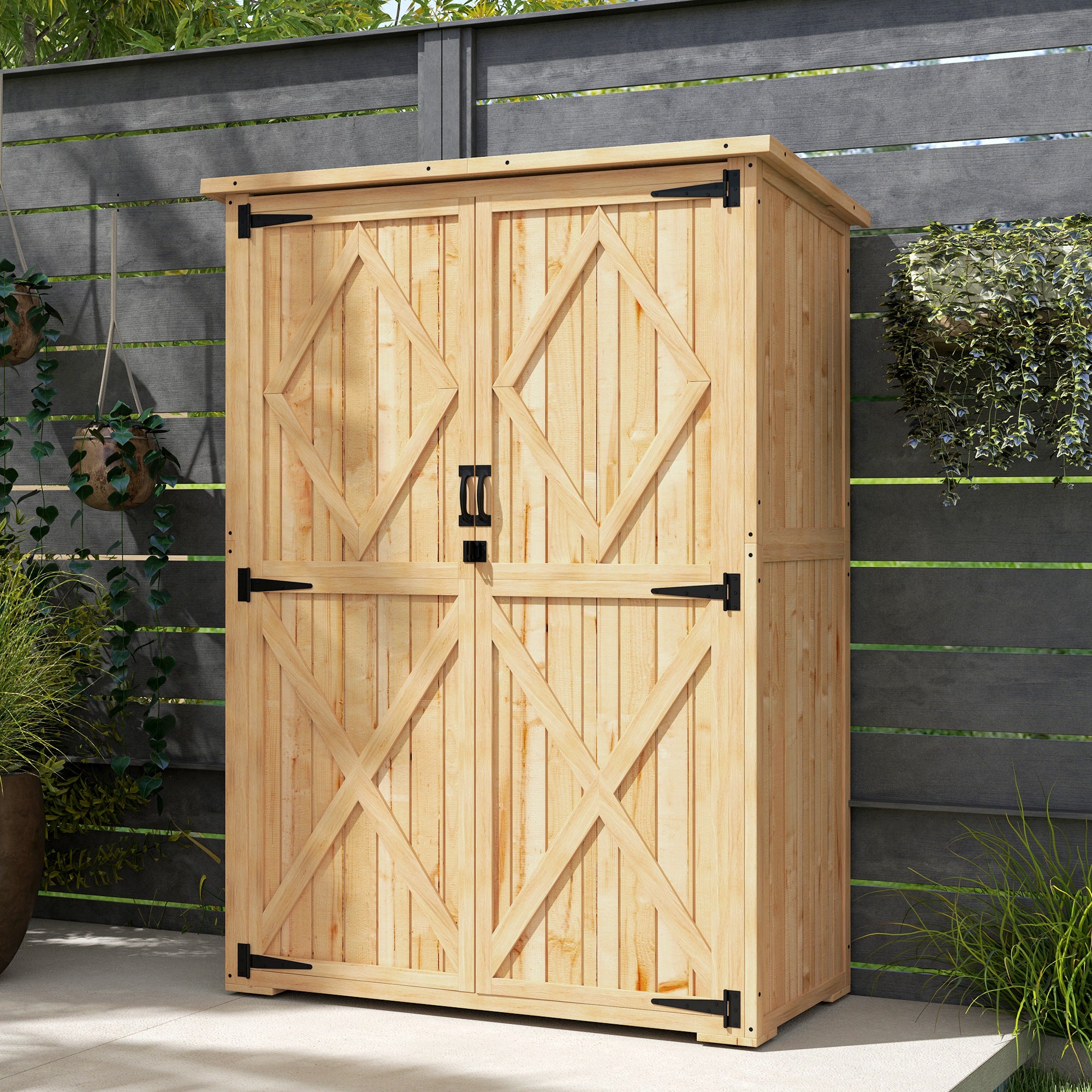 Kozy - Wooden Garden Storage Shed, Tool Storage Cabinet with Asphalt Roof and 2 Shelves for Garden Tools, Equipment, Outdoor Tool Shed with Double Doors, Natural
