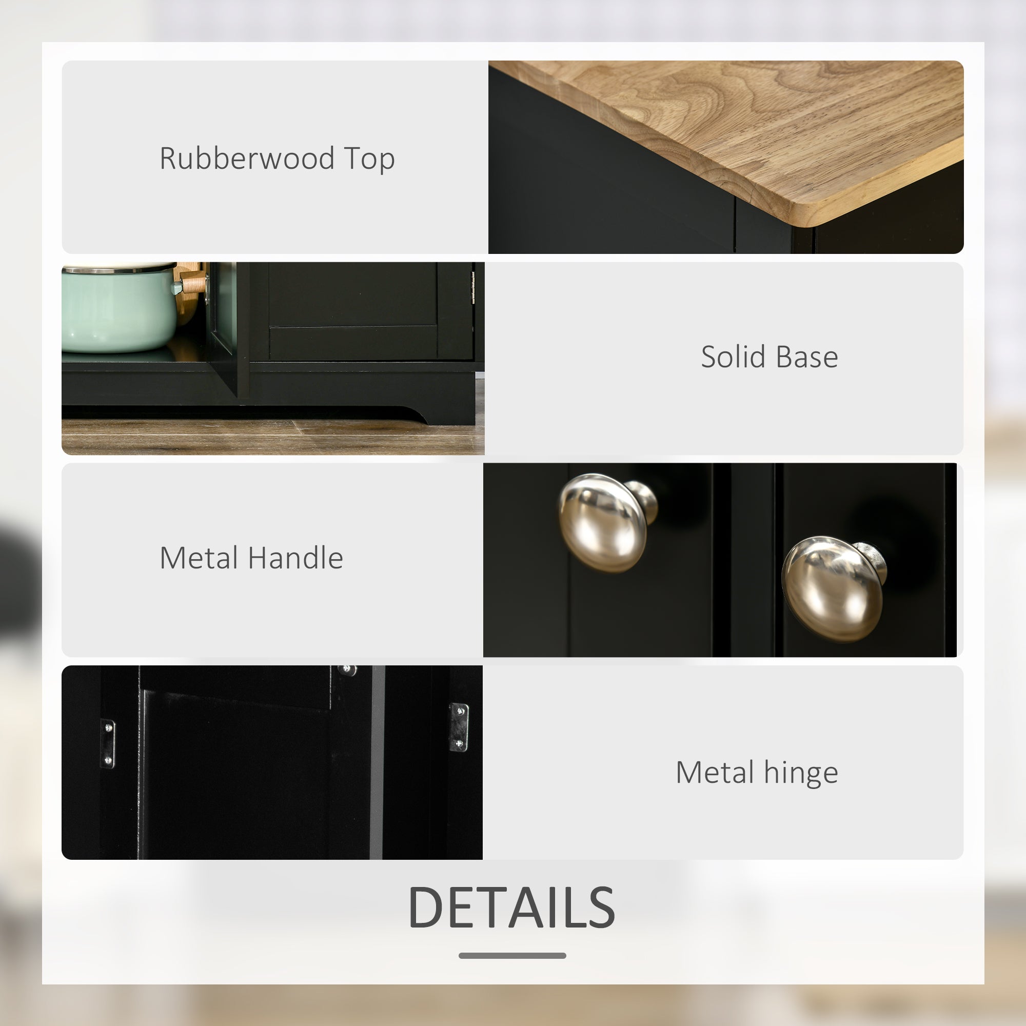 Kozy Sideboard with Rubberwood Top and Adjustable Shelves for Dining Room, Kitchen - Black