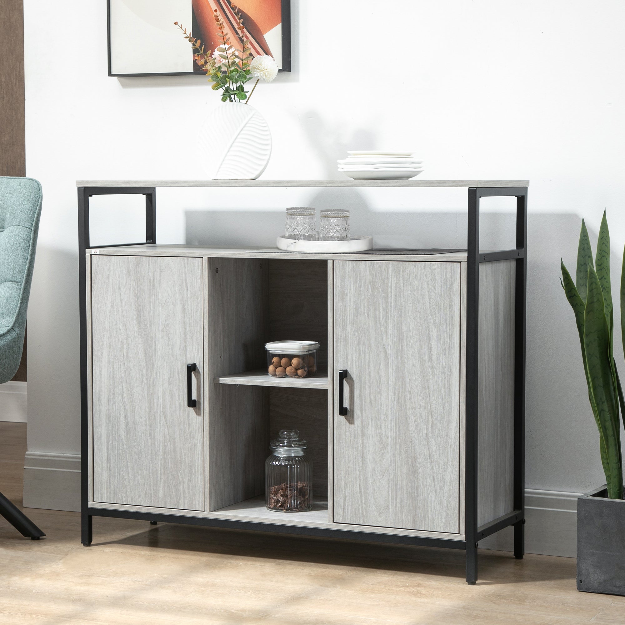 HOMCOM Contemporary Sideboard: Steel-Framed Storage Cabinet with Adjustable Shelves, 2 Doors, Light Grey, for Living Room & Hallway | Aosom UK