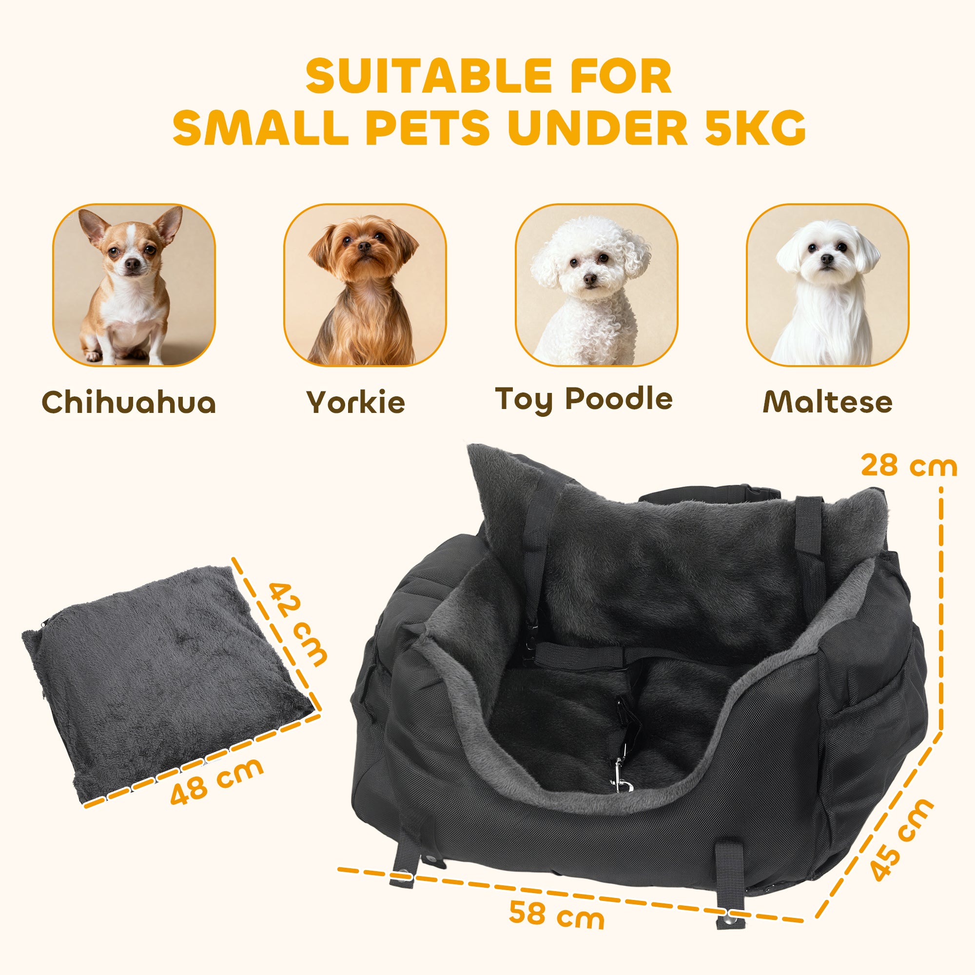 Kozy Dog Car Seat for Small Dogs with Fixed Buckle, Safety Leash, Washable Cover, 58 x 45 x 28 cm, Black