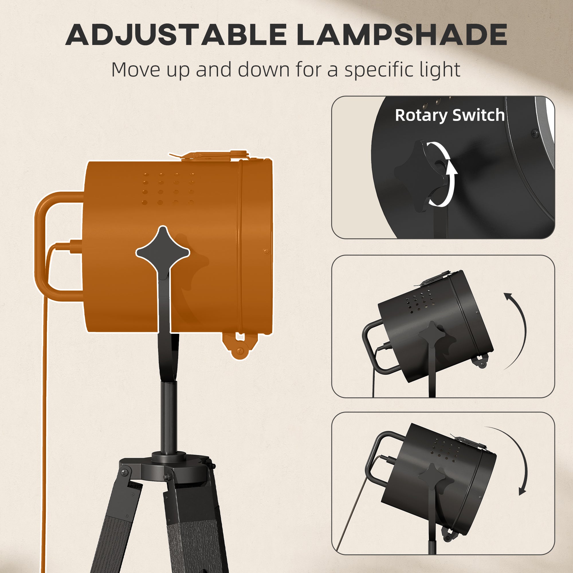 Kozy - Industrial Tripod Floor Lamp, Nautical Searchlight with Adjustable Height, Wood Legs, E14 Lamp Base for Living Room, Bedroom, Black