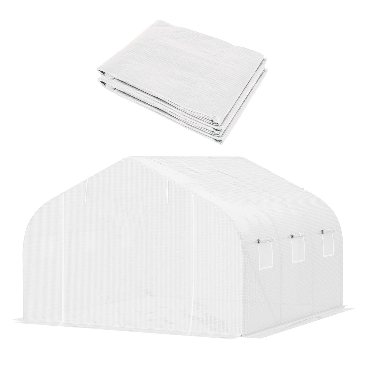 Outsunny Walk-In Tunnel Greenhouse with Replacement Cover, Outdoor Growhouse with PE Cover, Roll Up Door and 6 Windows, 4.5x3x2m, White | Aosom UK
