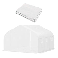 Outsunny Walk-In Tunnel Greenhouse with Replacement Cover, Outdoor Growhouse with PE Cover, Roll Up Door and 6 Windows, 4.5x3x2m, White | Aosom UK