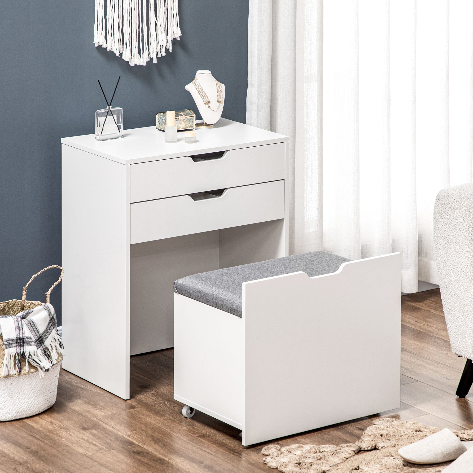 Kozy Dressing Table with Flip-up Mirror and Storage Stool, Vanity Table with Drawer and Hidden Compartments for Bedroom, Living Room, White
