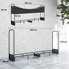 Kozy 8.5ft Firewood Rack, Heavy Duty Log Storage Holder with Waterproof 600D Oxford Log Cover for Fireplace Fire Pits Outdoor Patio Wood Storage, 300 kg Large Capacity, Black