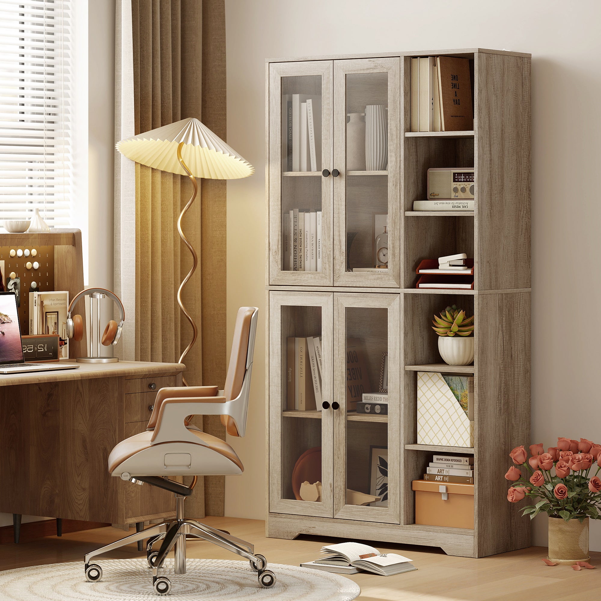 Kozy Multi-Storage Kitchen Cabinet, with Glass Doors - Grey Wood-Effect