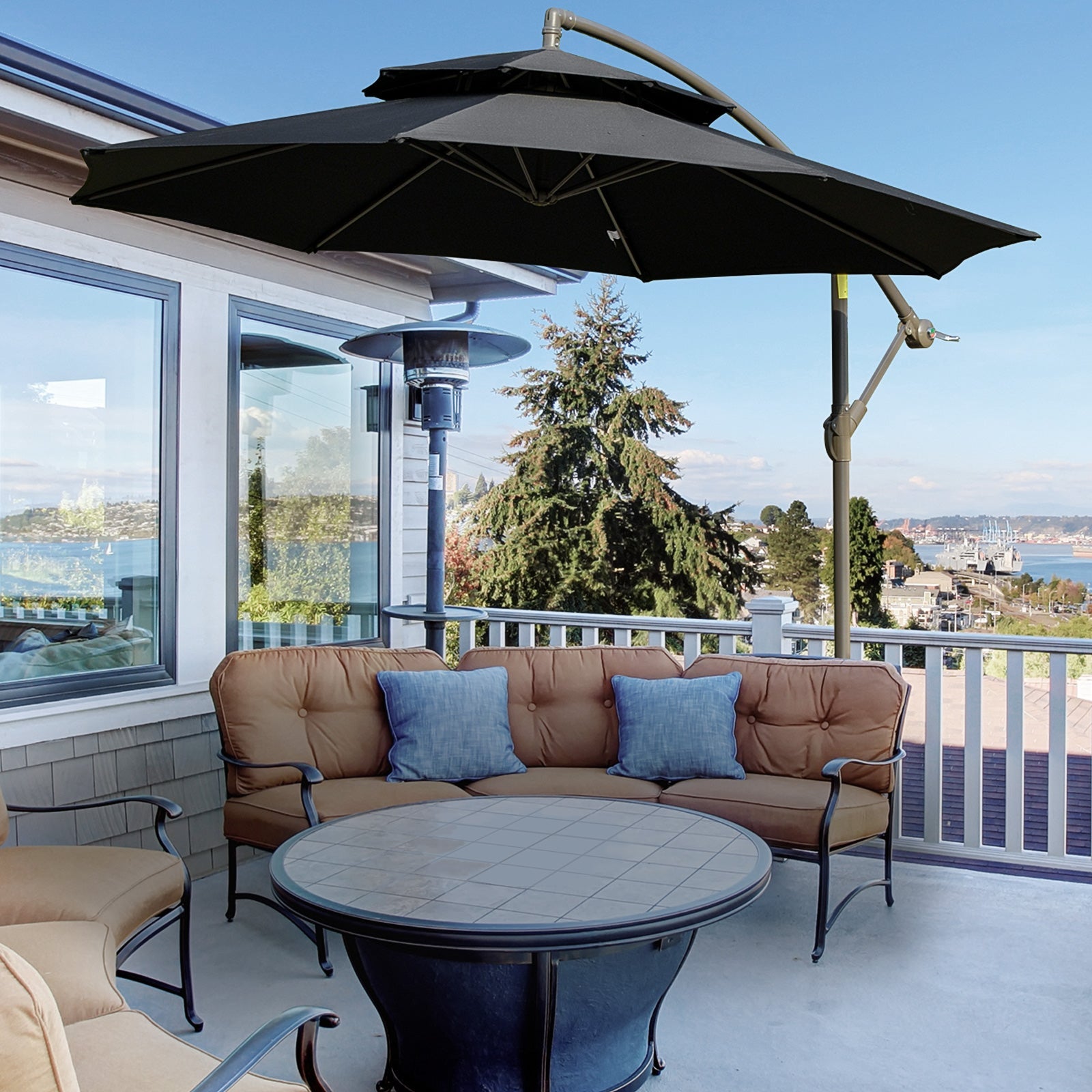 Outsunny Cantilever Parasol: 2.7m Banana Umbrella with Crank Handle, Double-Tier Canopy, Cross Base, Hanging Sun Shade, Black | Aosom UK