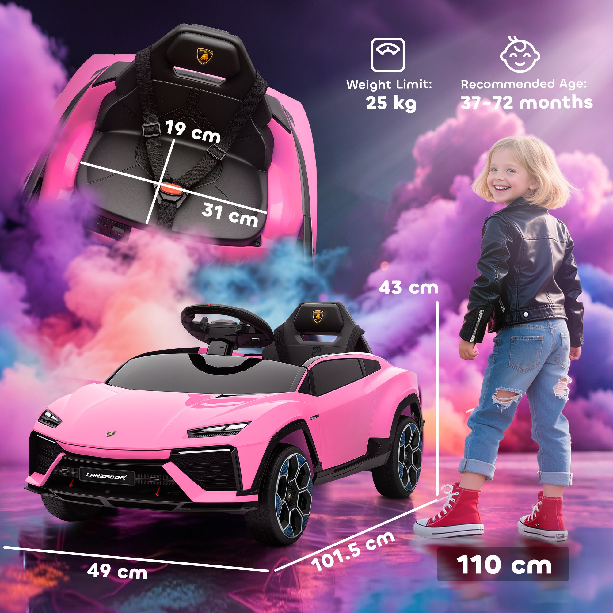 Kozy 12V Licensed Lamborghini Electric Cars for Kids, Ride On Car with Remote Control for 3-6 Years Old, Pink