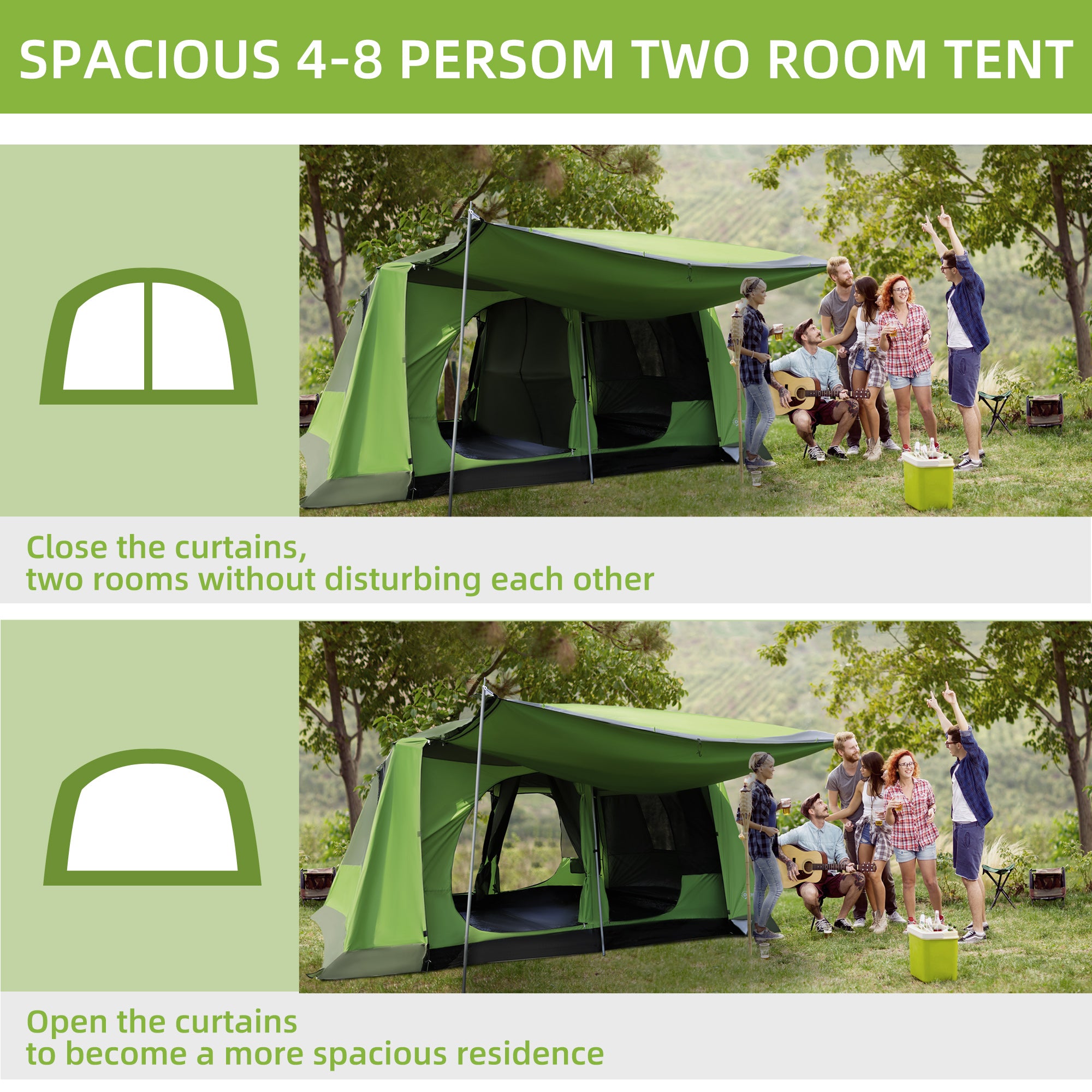 Kozy Tunnel Tent Camping Shelter w/ Porch, Two Rooms, Lamp Hook, Portable Carry Bag