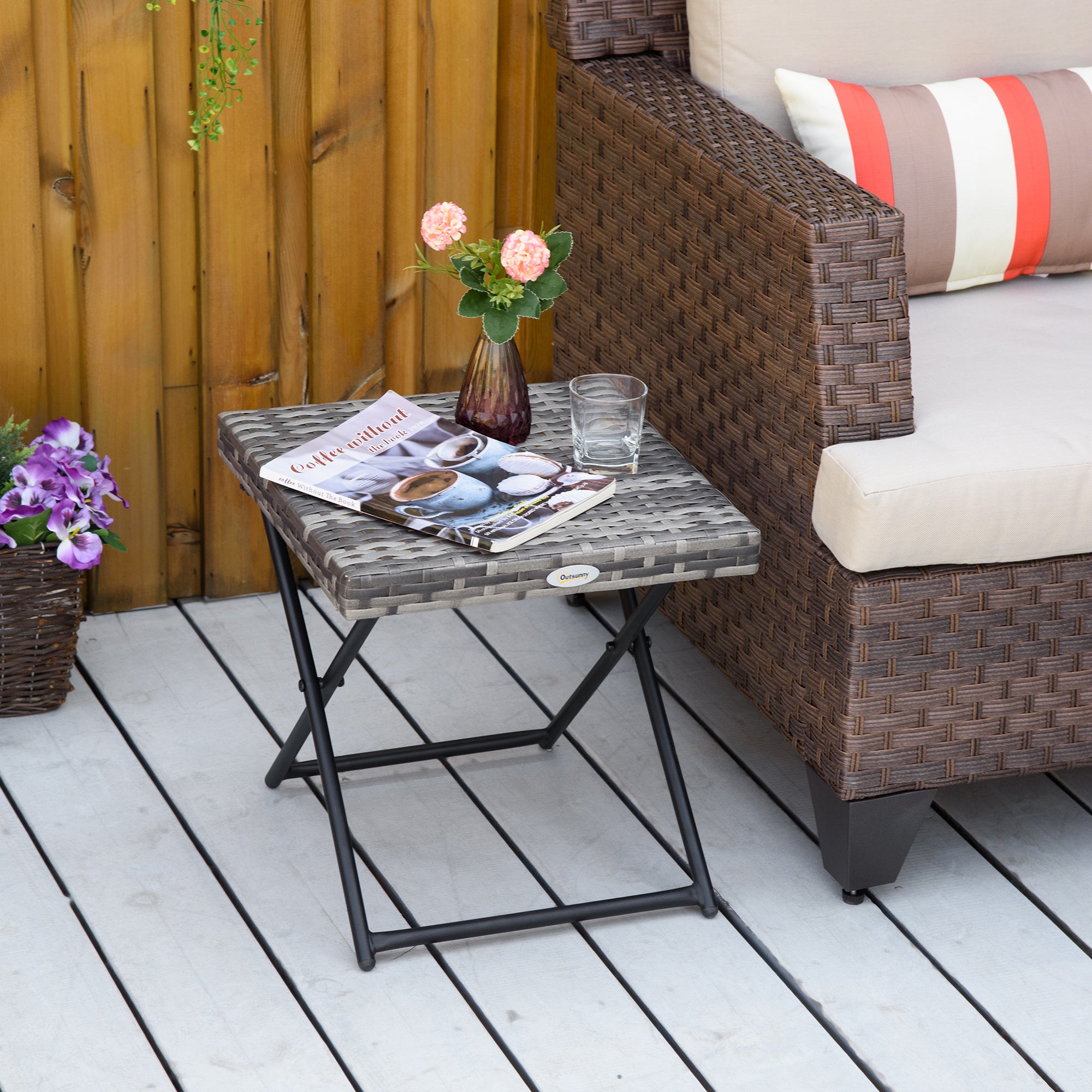 Kozy Square PE Wicker Rattan Folding Table,Weather Resistant Wicker Weave Side Table with Steel Frame, Grey