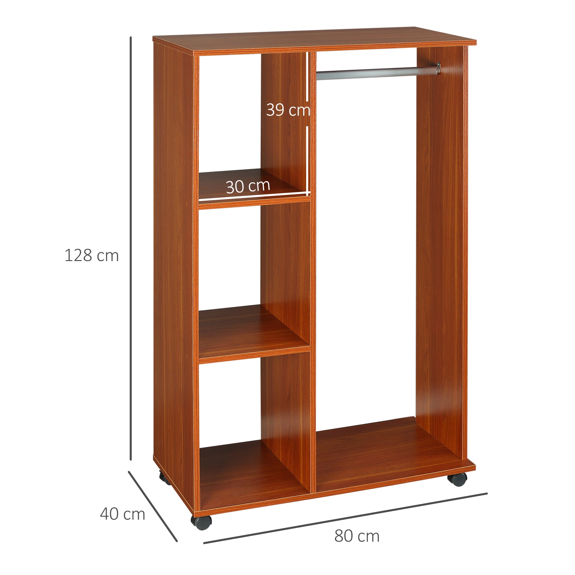 HOMCOM Bedroom Open Wardrobe, Hanging Rail with Storage Shelves, Mobile Clothes Organizer on Wheels, Walnut