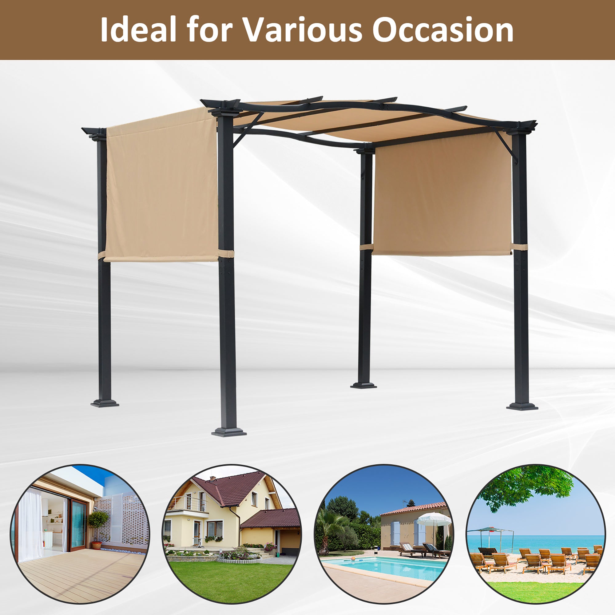 Kozy Outdoor Retractable Pergola Garden Gazebo with Two Adjustable Side Canopy Overhead Sun Shade Backyard Canopy Cover, Steel Khaki 2.96x2.45x2.3m