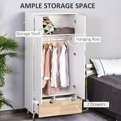 Kozy 2-Door Clothes Wardrobe w/ Rail Shelf 2 Drawers Wood Feet Elegant Home Storage Organisation Furniture Dresses Coats Blankets Shoes White