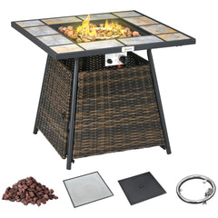 Outsunny Square Outdoor PE Rattan Fire Pit Table Gas Burner Heater w/ Control Panel, Slate Top, Lid and Lava Rocks, 50,000 BTU | Aosom UK