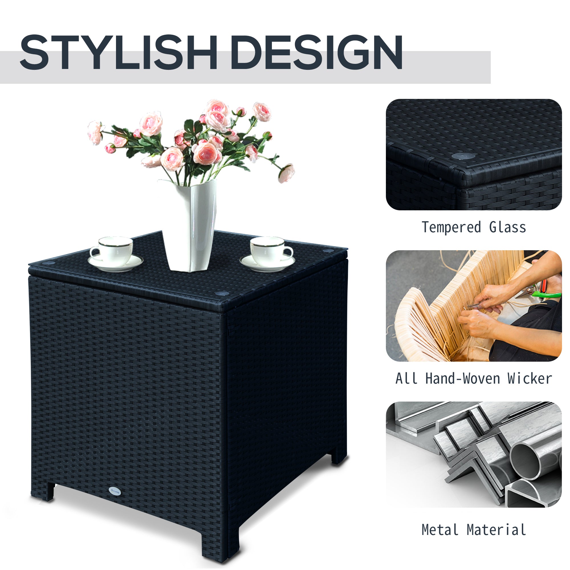 Kozy PE Wicker Side Table Rattan Garden Furniture with Four Foot Pads, Rust & Mild Weather Damage Resistant, Black