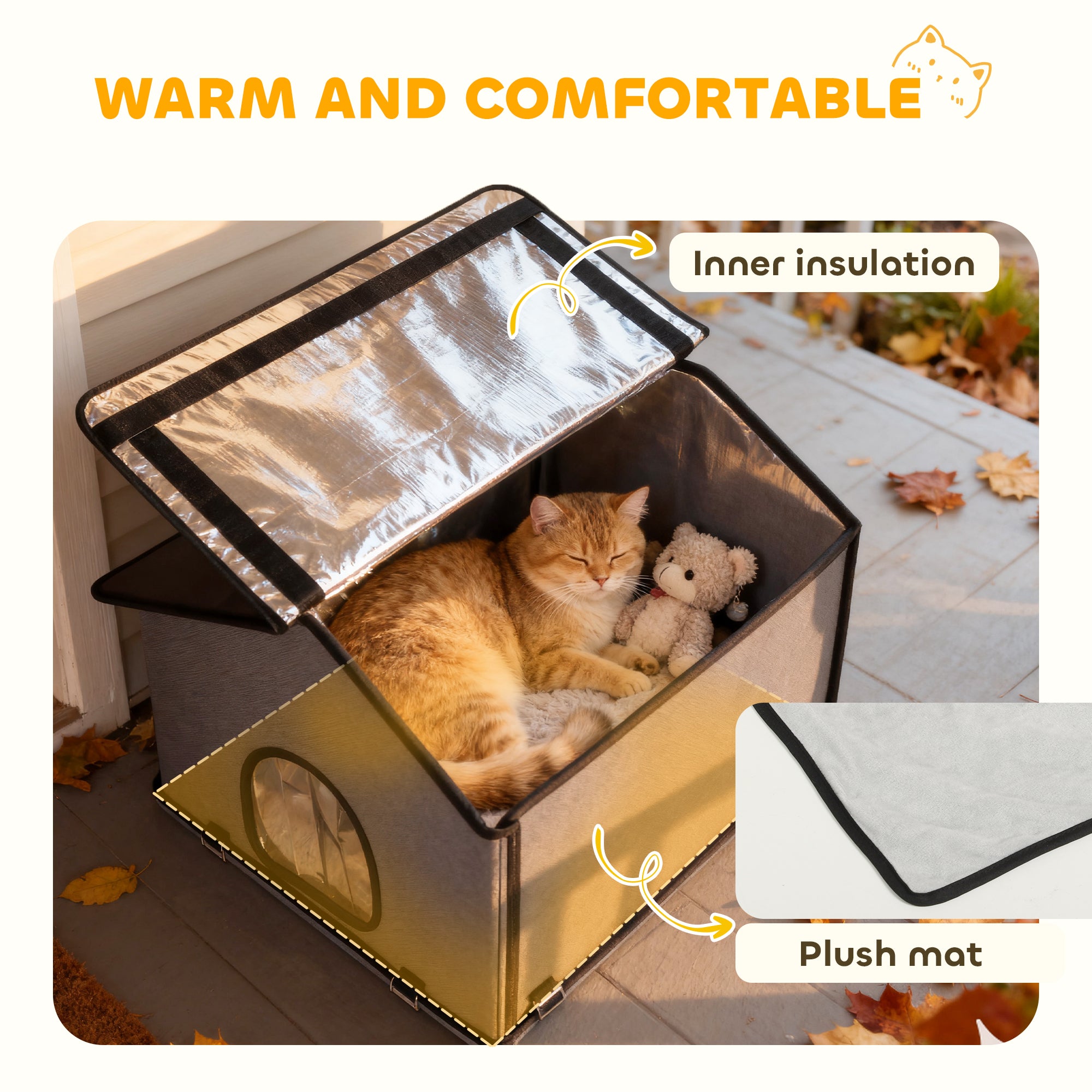 Kozy Outdoor Cat House, Waterproof Insulated Cat Kennel with Elevated Base, Foldable Feral Kitty Shelter for Kittens, Grey