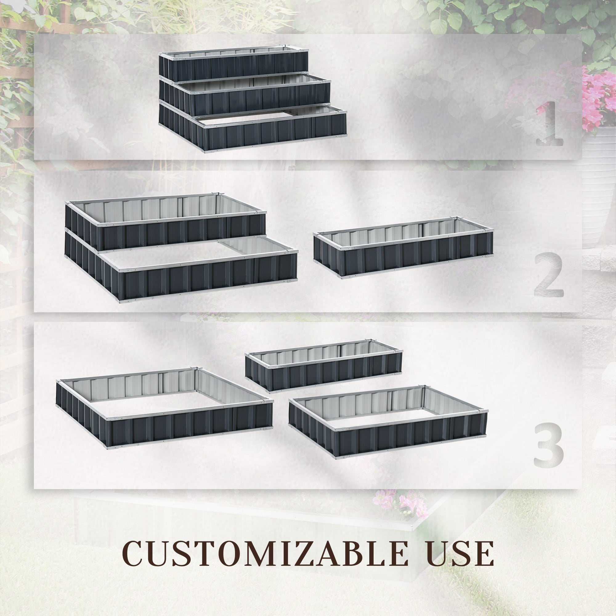 Kozy 3 Tier Raised Garden Bed, Metal Elevated Planer Box Kit Flower Pot w/ A Pairs of Glove for Garden, Patio to Grow Vegetables, Herbs, Flowers, 118 x 118 x 62 cm, Grey